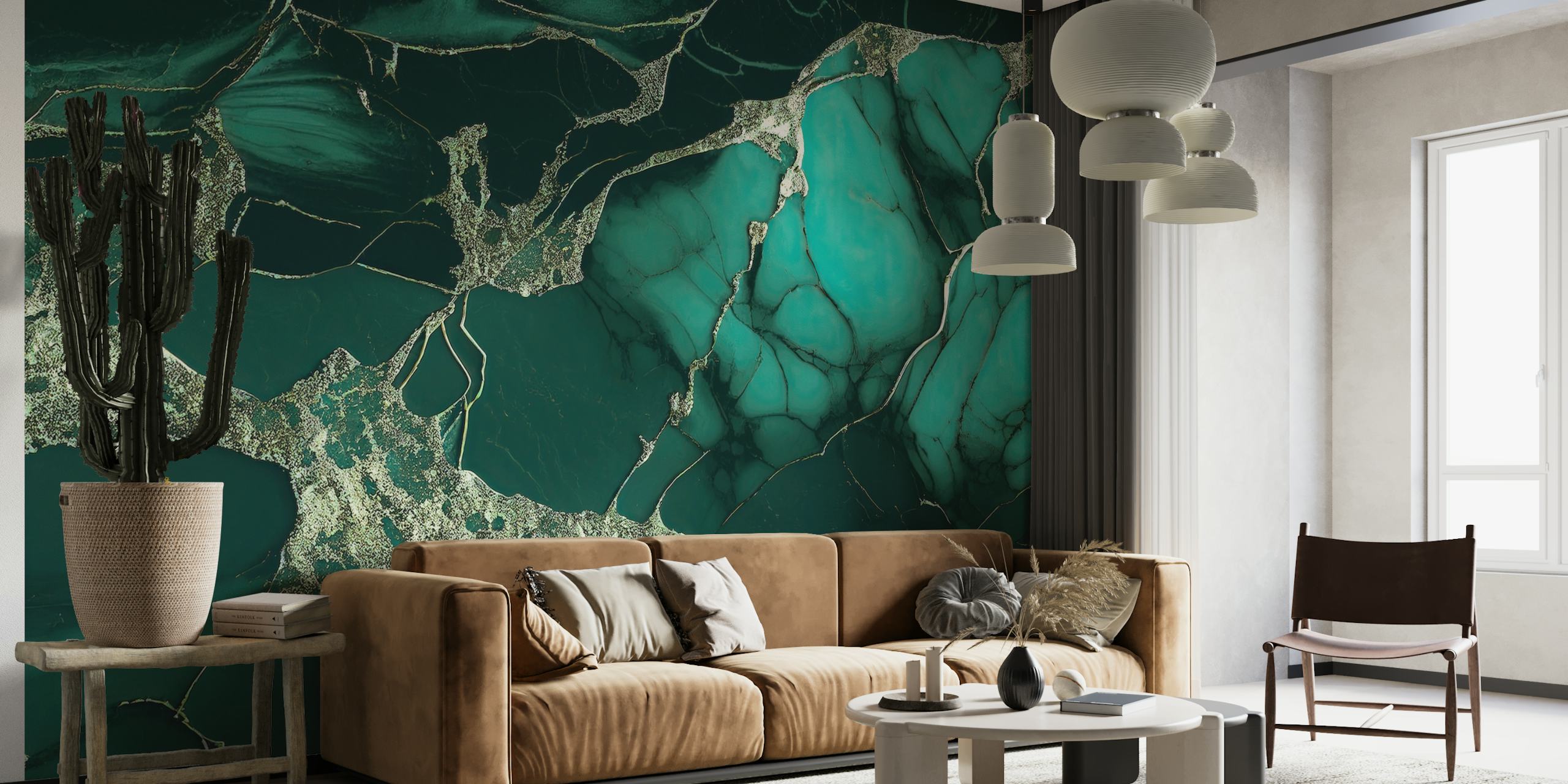 Emerald green marble wallpaper with black and gold veins