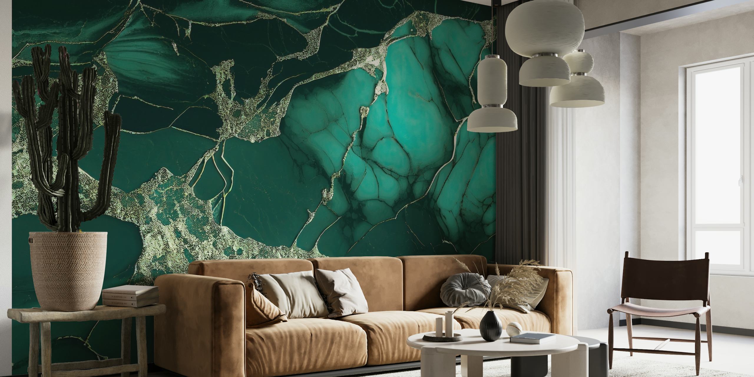 Hieno marmorinen smaragdinvihreä seinämaalaus, jossa on täyteläisiä abstrakteja kuvioita