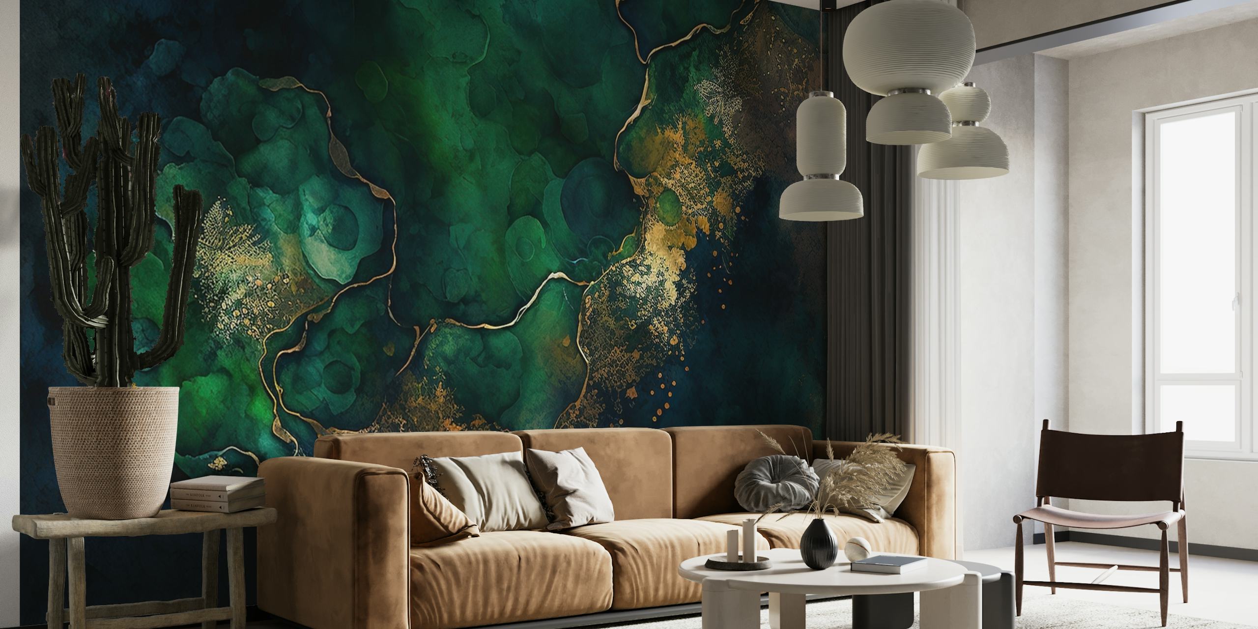 Dark Moody Mystic Marble wall mural featuring swirling blues and greens with accents of earth tones
