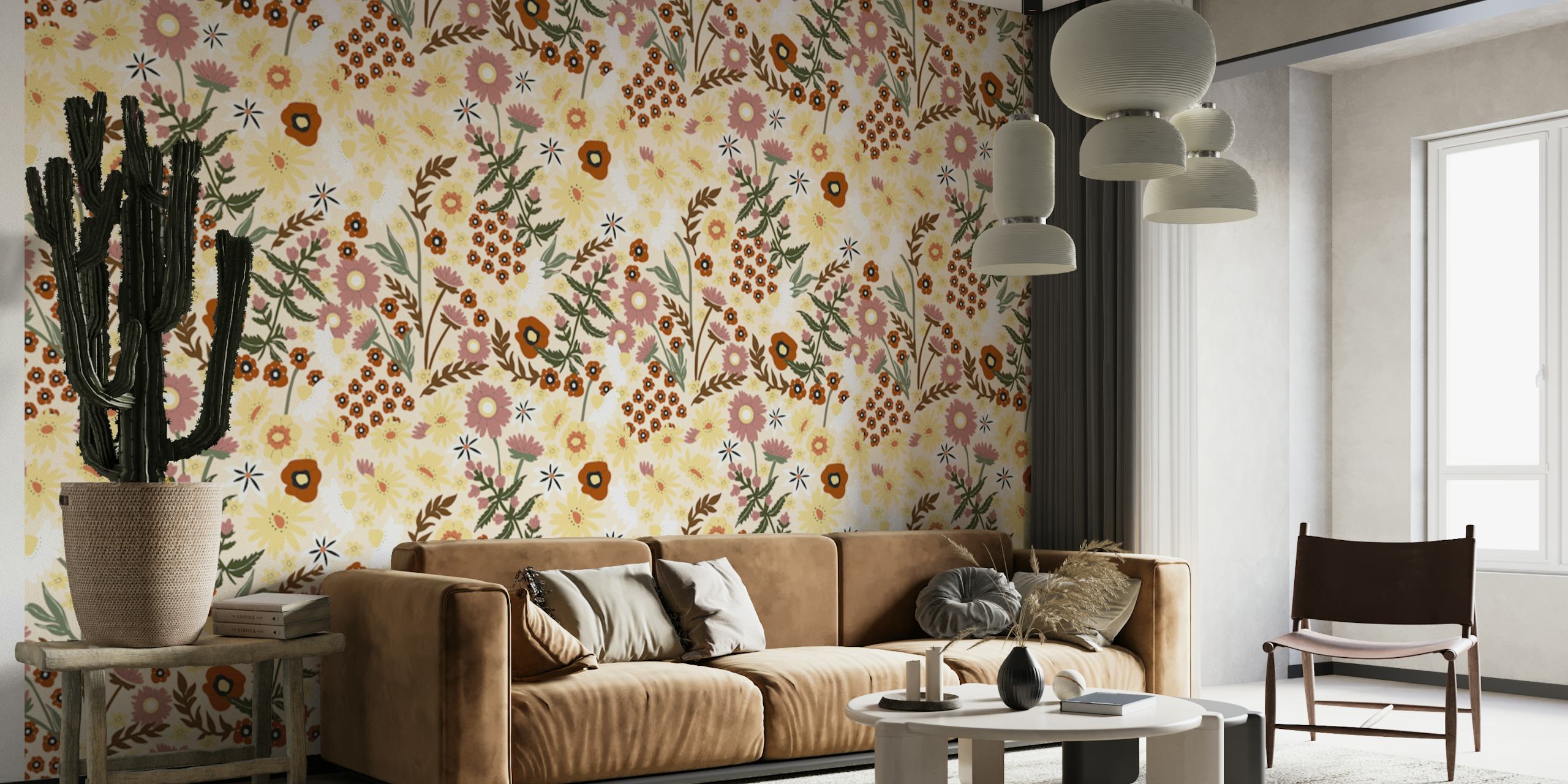 Flowery pink meadow wallpaper in a room