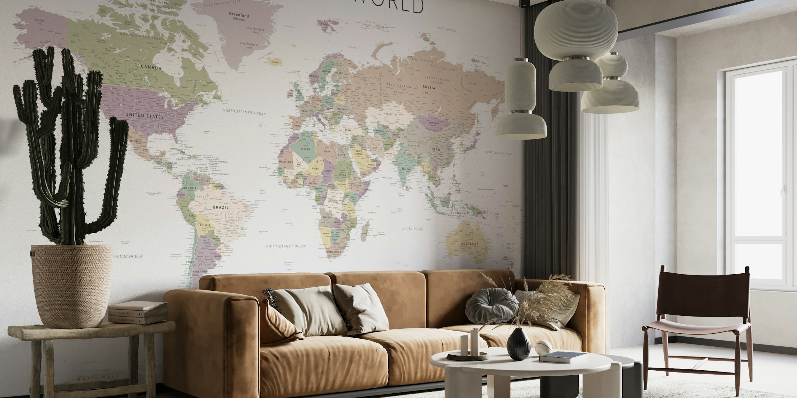 World map wall mural in muted neutral tones with detailed countries and borders