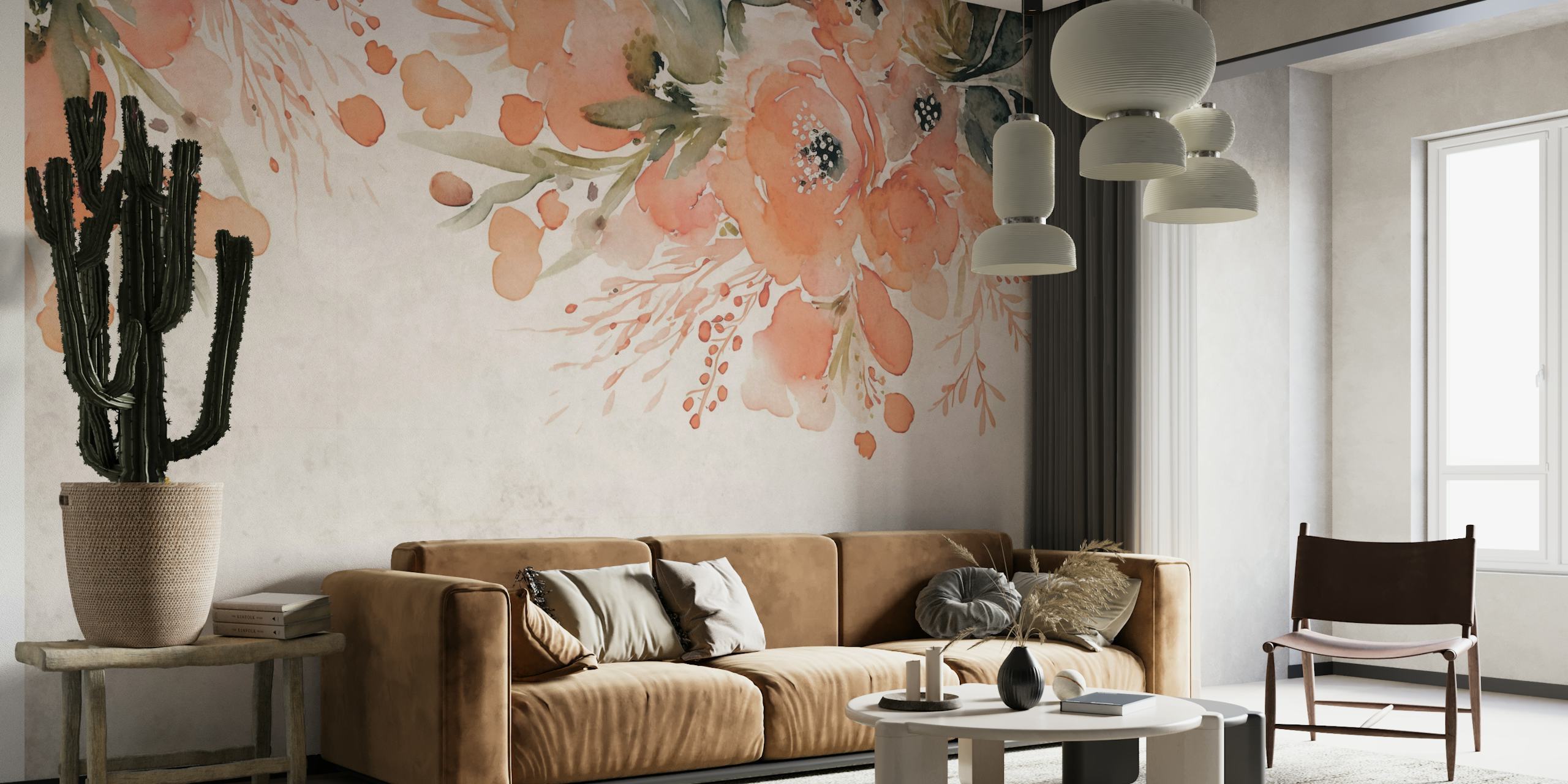 Elegant floral watercolor wall mural with soft peach blossoms and muted green leaves