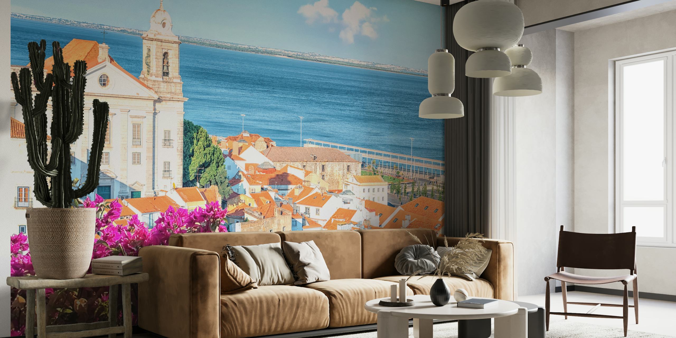 Terracotta roofs with vibrant flowers and blue ocean wallpaper
