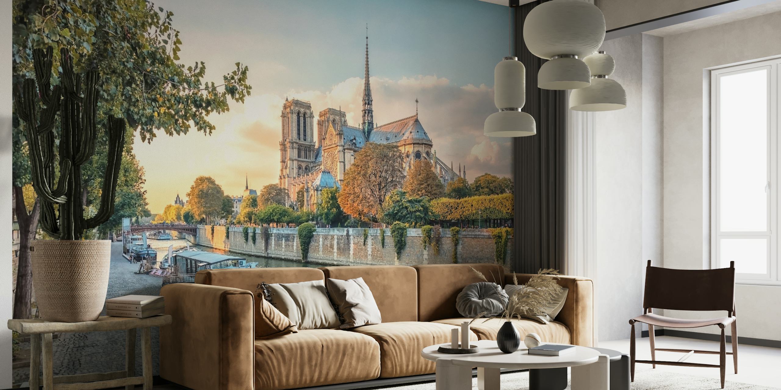 Mural de pared Catedral de Notre Dame al atardecer con el río Sena en París
