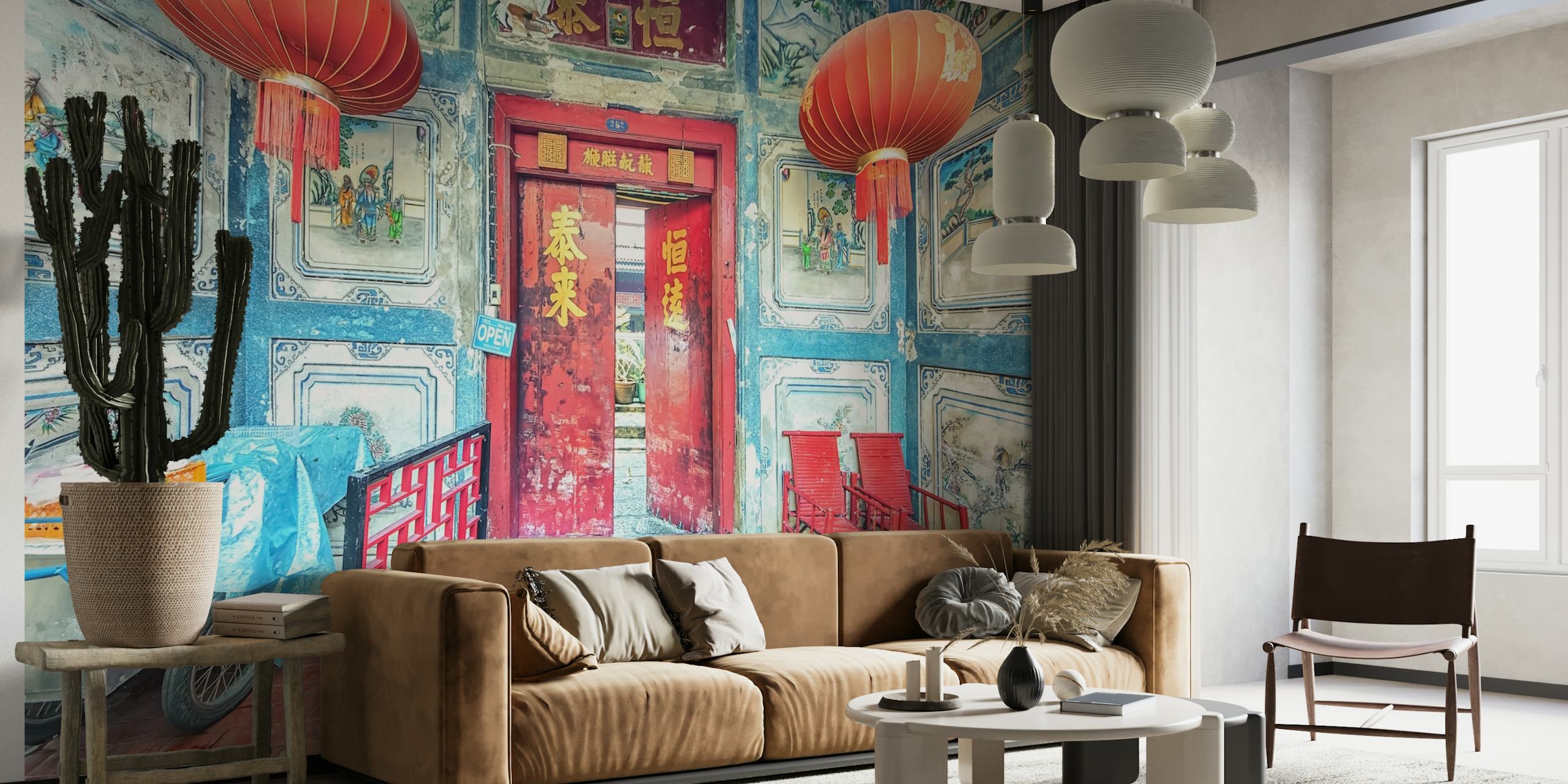 Colorful floral patterns in blue and red wallpaper