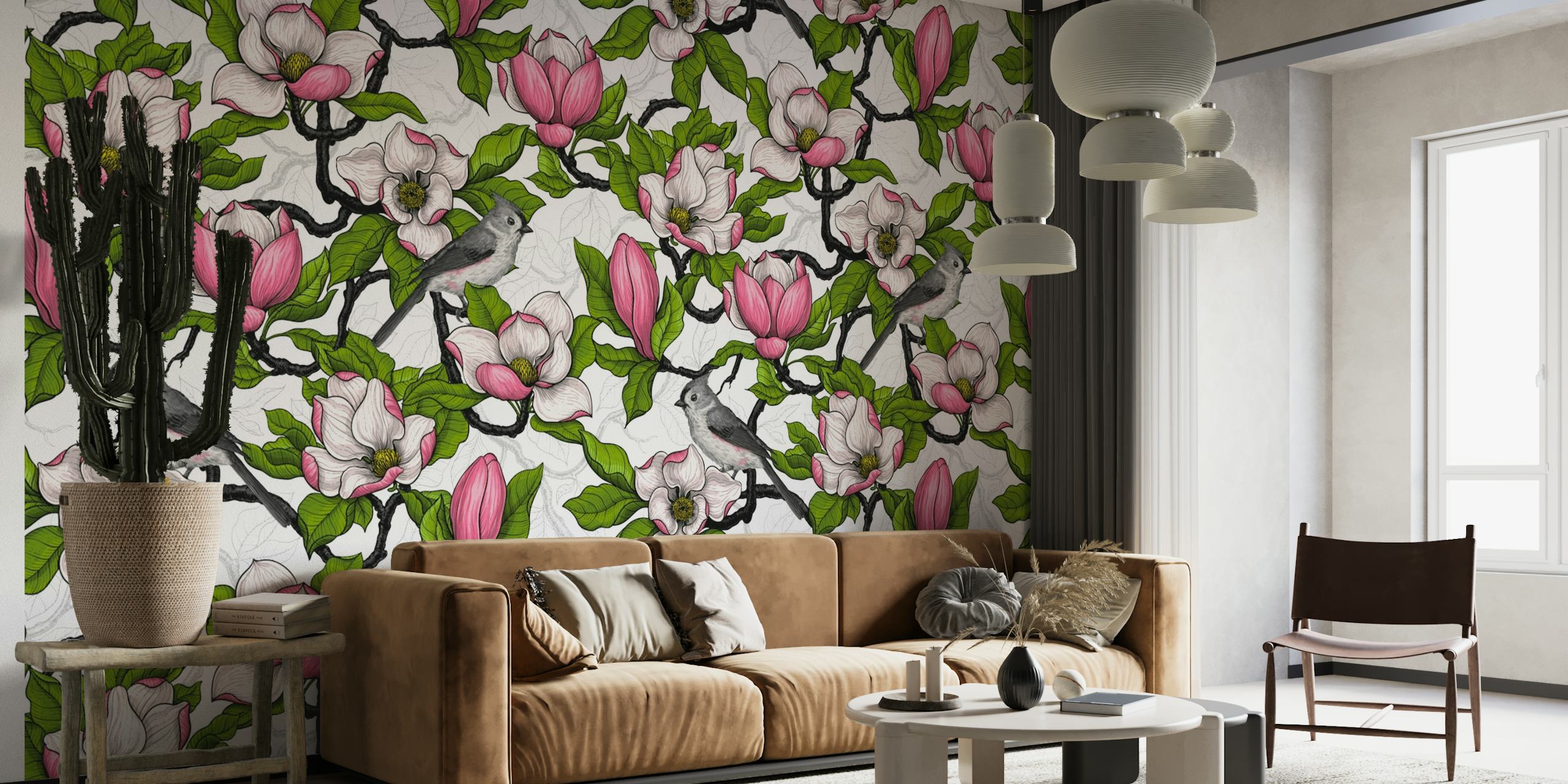 Blooming magnolia and bird behang