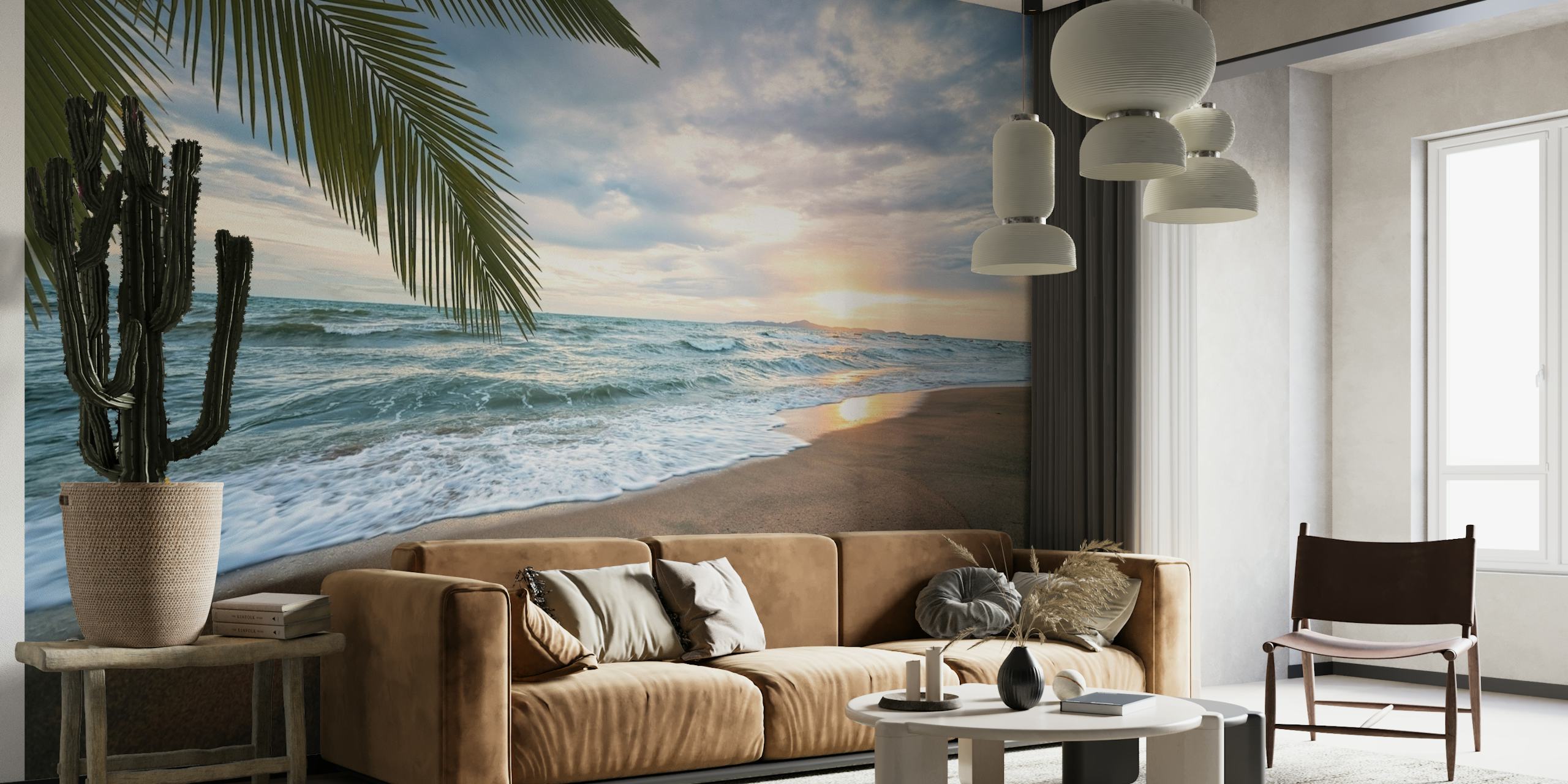 Zidna slika zalaska sunca na tajlandskoj plaži s palmama i oceanskim valovima