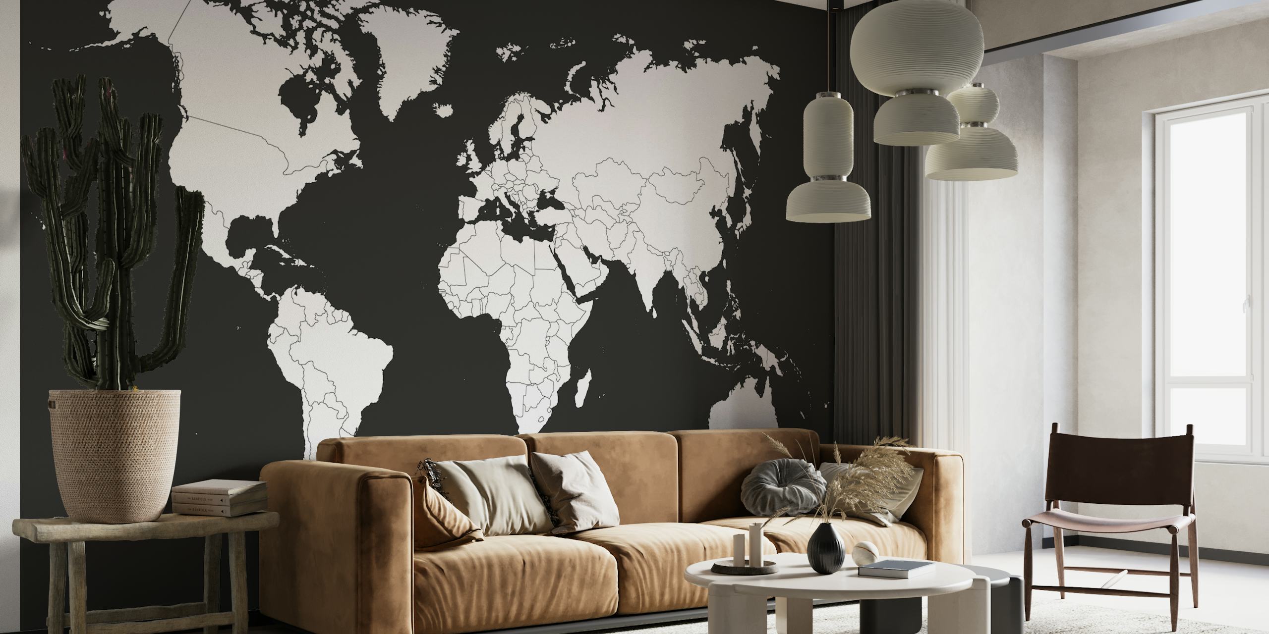 Black White World Map Outlined behang