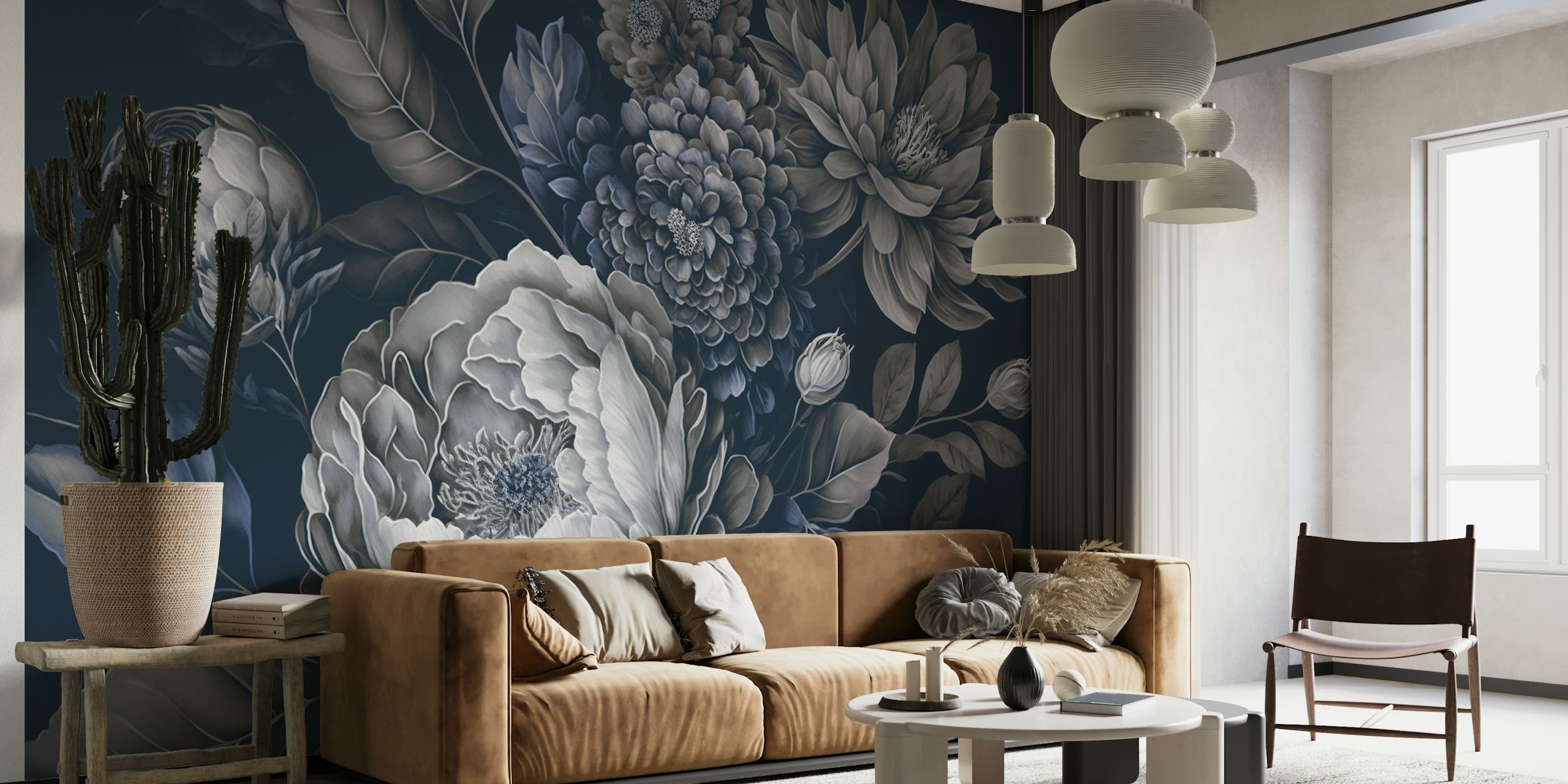 Blue Baroque Large Floral papel de parede