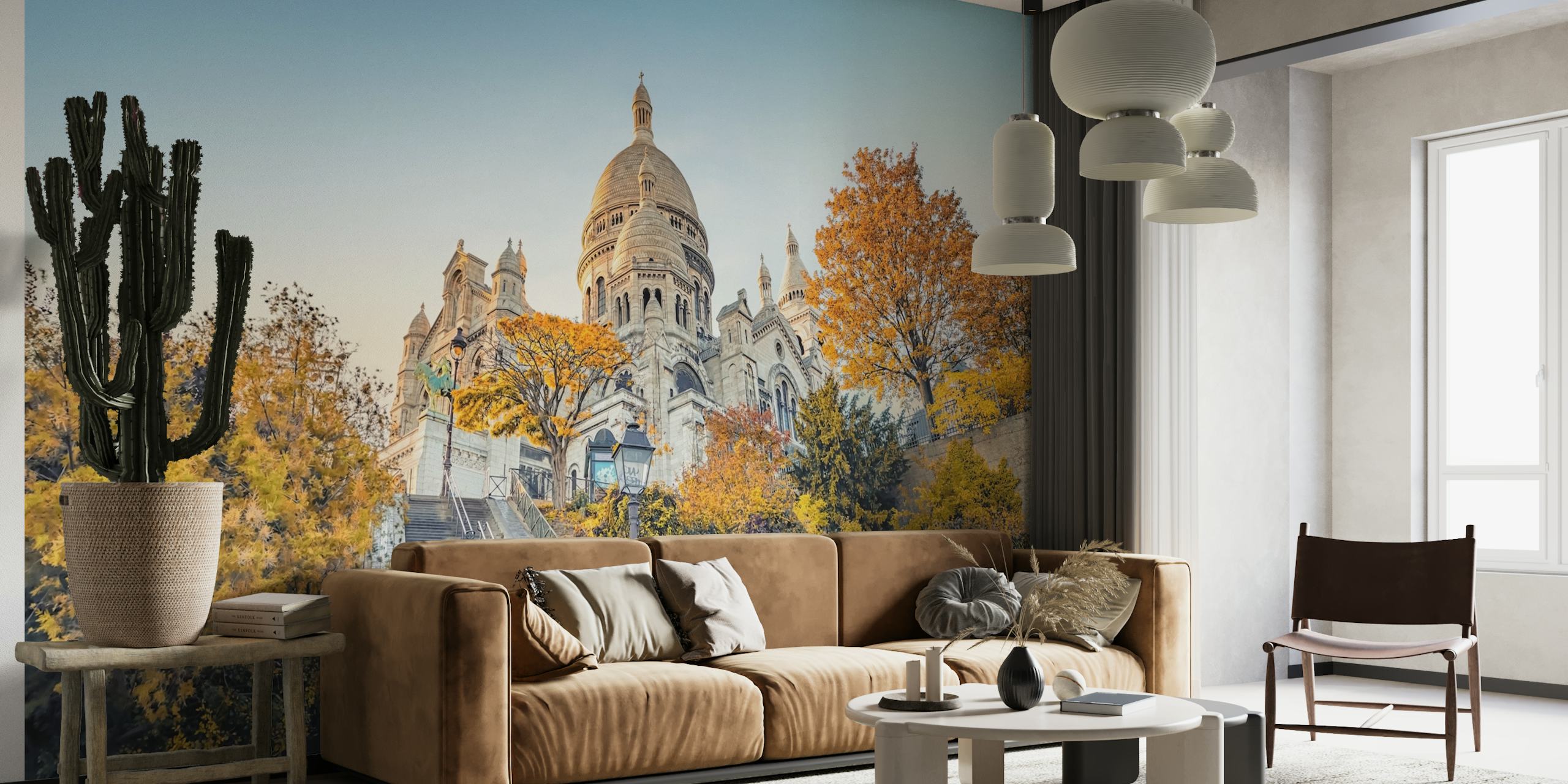 Montmartre autumn scene with golden trees and a cathedral wall mural