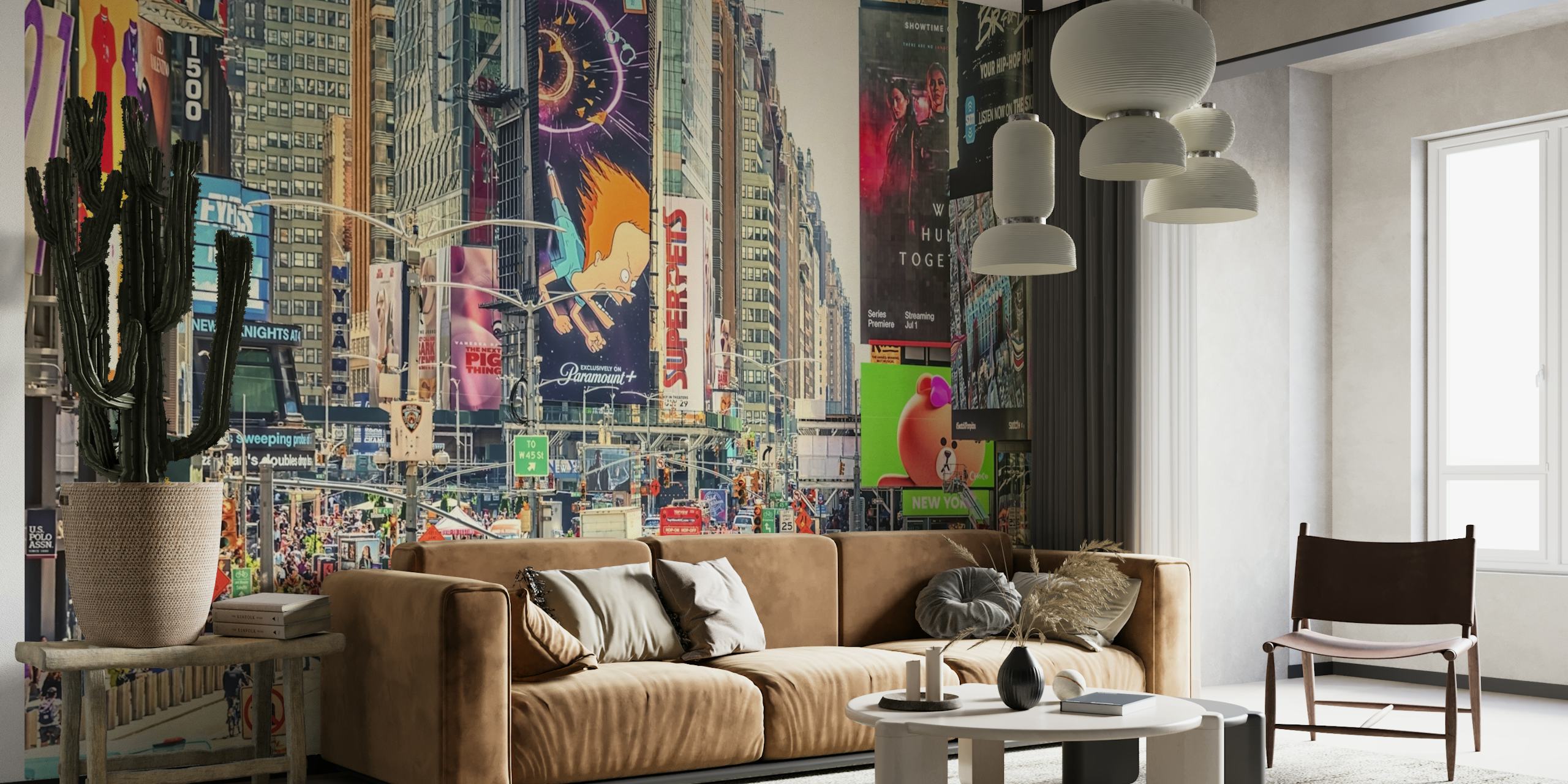 Times Square in New York wall mural with bright lights and city vibe