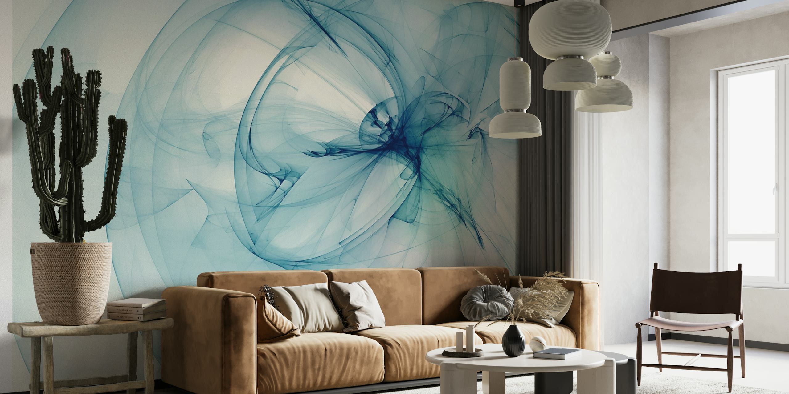 Mural de pared abstracto con forma de humo azul claro que transmite serenidad y elegancia