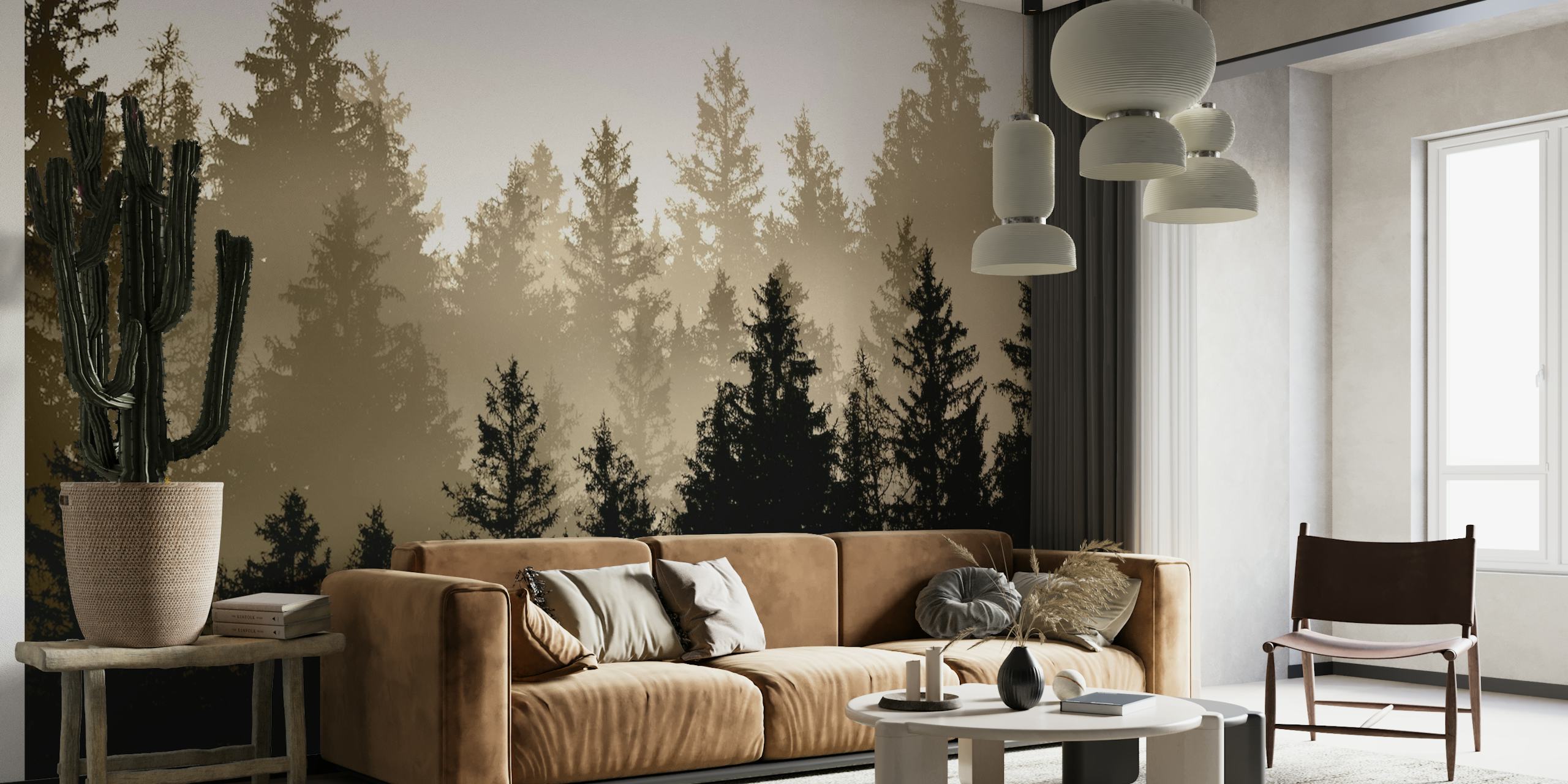 Misty forest silhouette wall mural in sepia tones