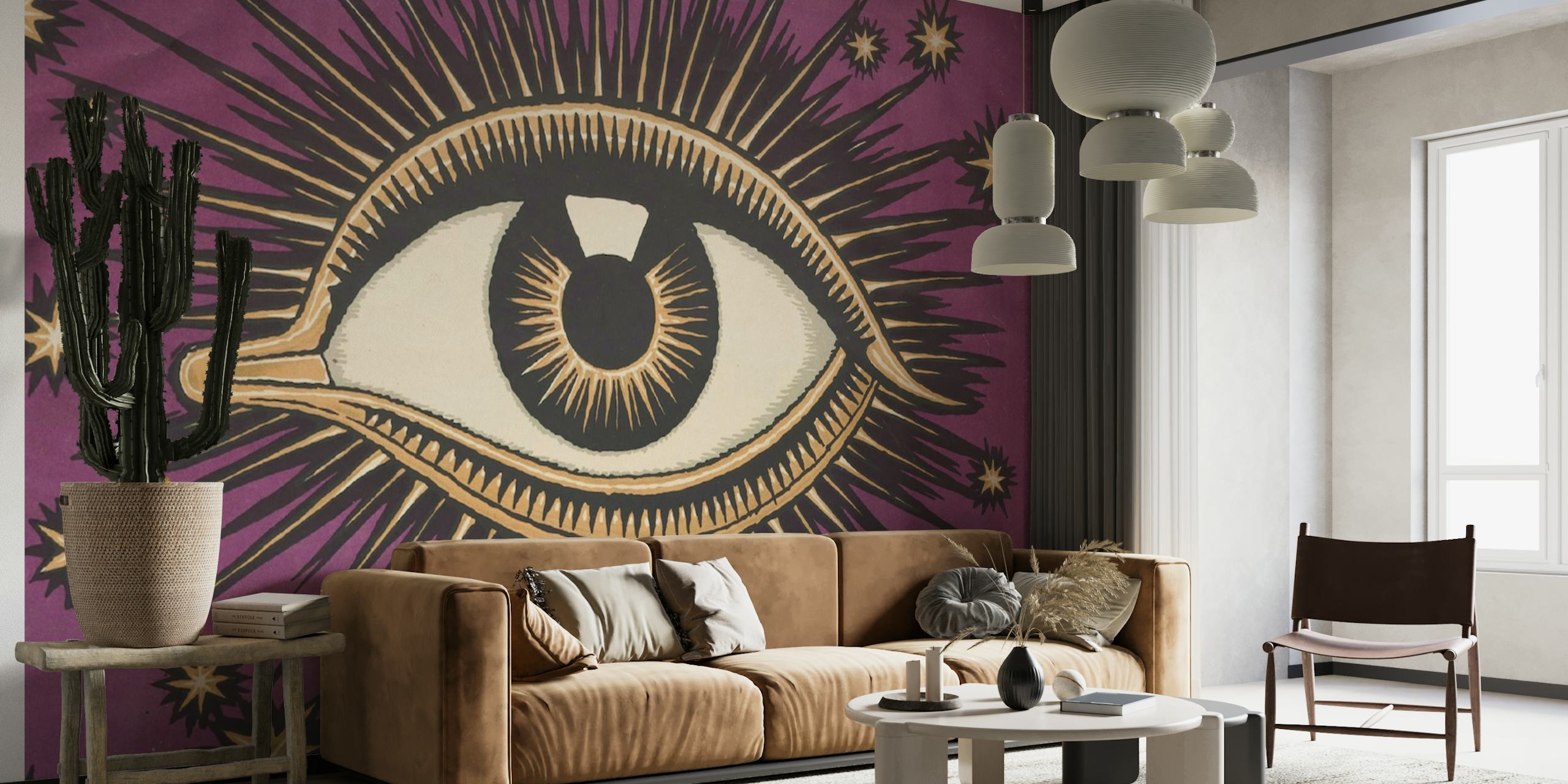 All Seeing Eye-vægmaleri med et indviklet øjensymbol med stjerner på en lilla baggrund
