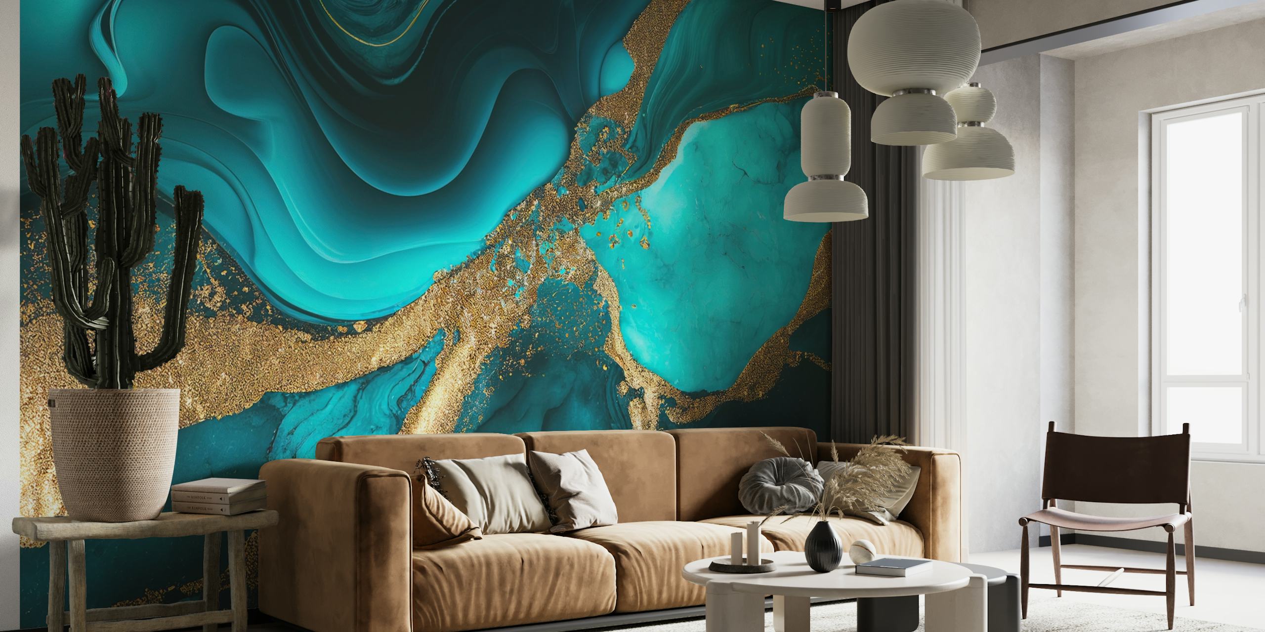 Faux marble wall mural in teal and gold swirls