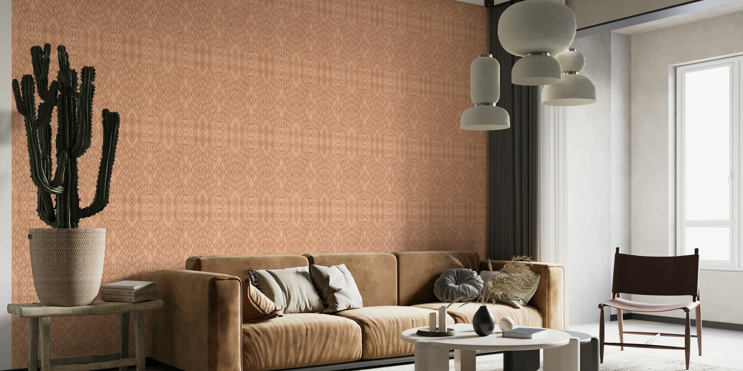 Carta da parati Boho Ikat Geo Peach con un caldo motivo geometrico nei toni della pesca