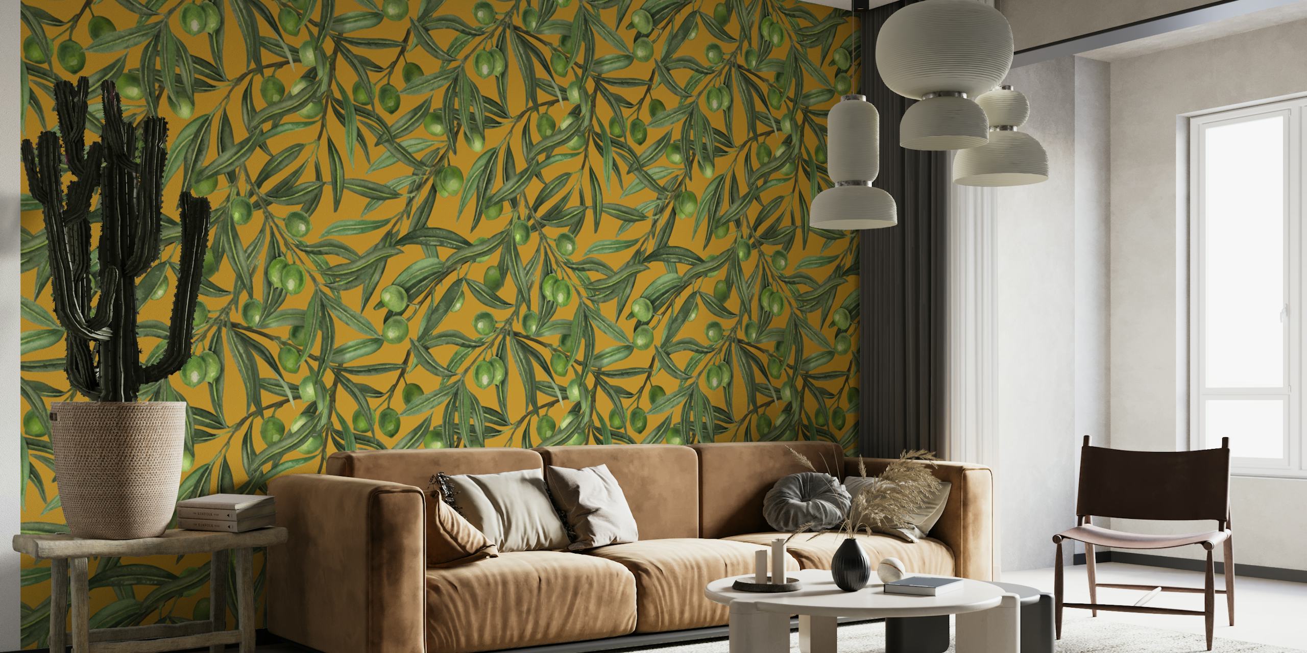 Olive branches with green olives on a mustard background wallpaper