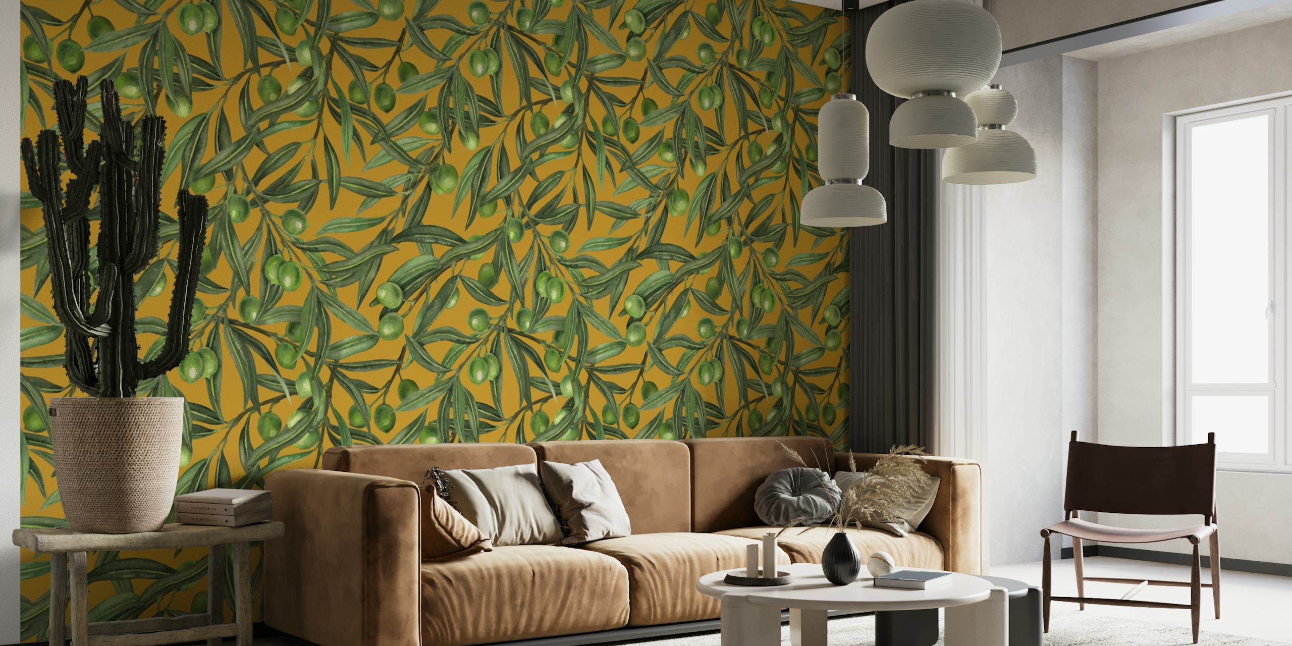 Olive branches on mustard behang