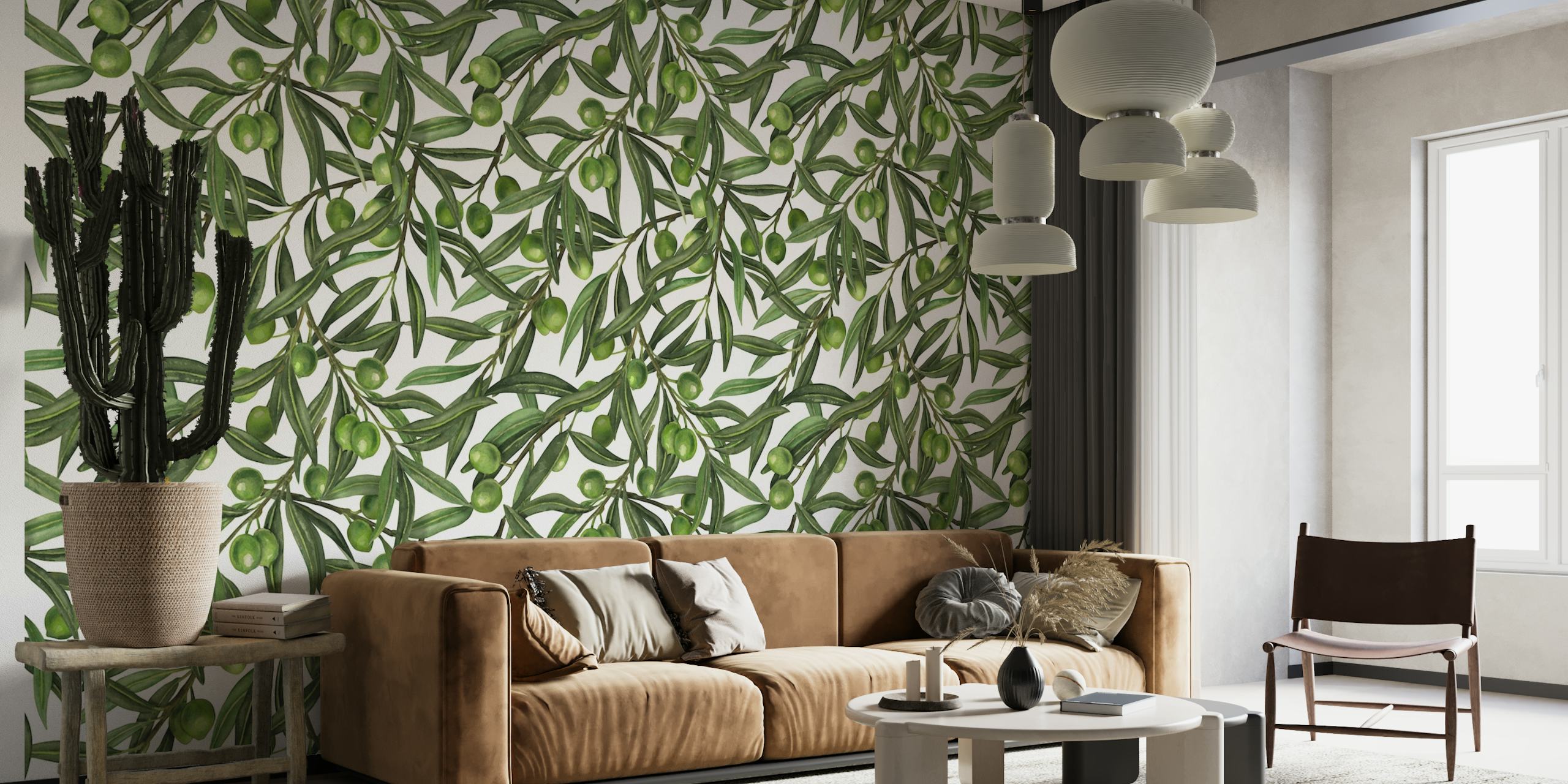 Olive branches on off white wallpaper