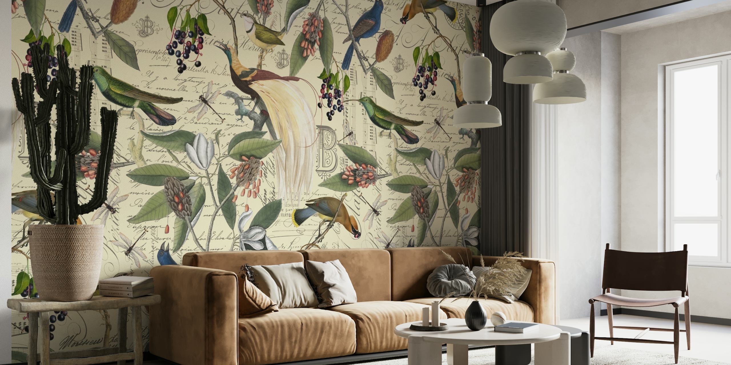 Colorful birds among floral foliage on beige background wallpaper