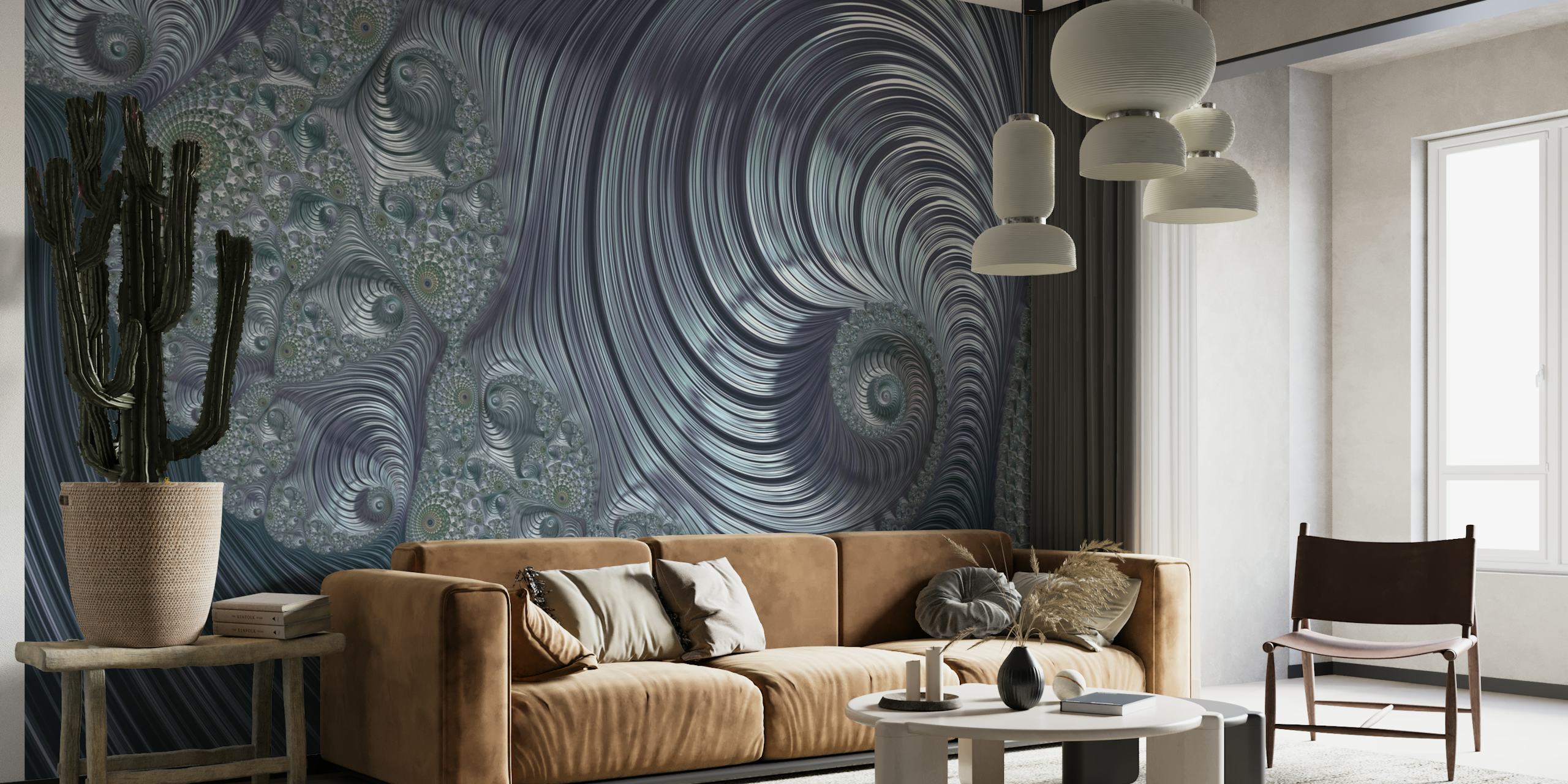 Fractal Fantasies Silver Blue wall mural with swirling patterns in silver and blue