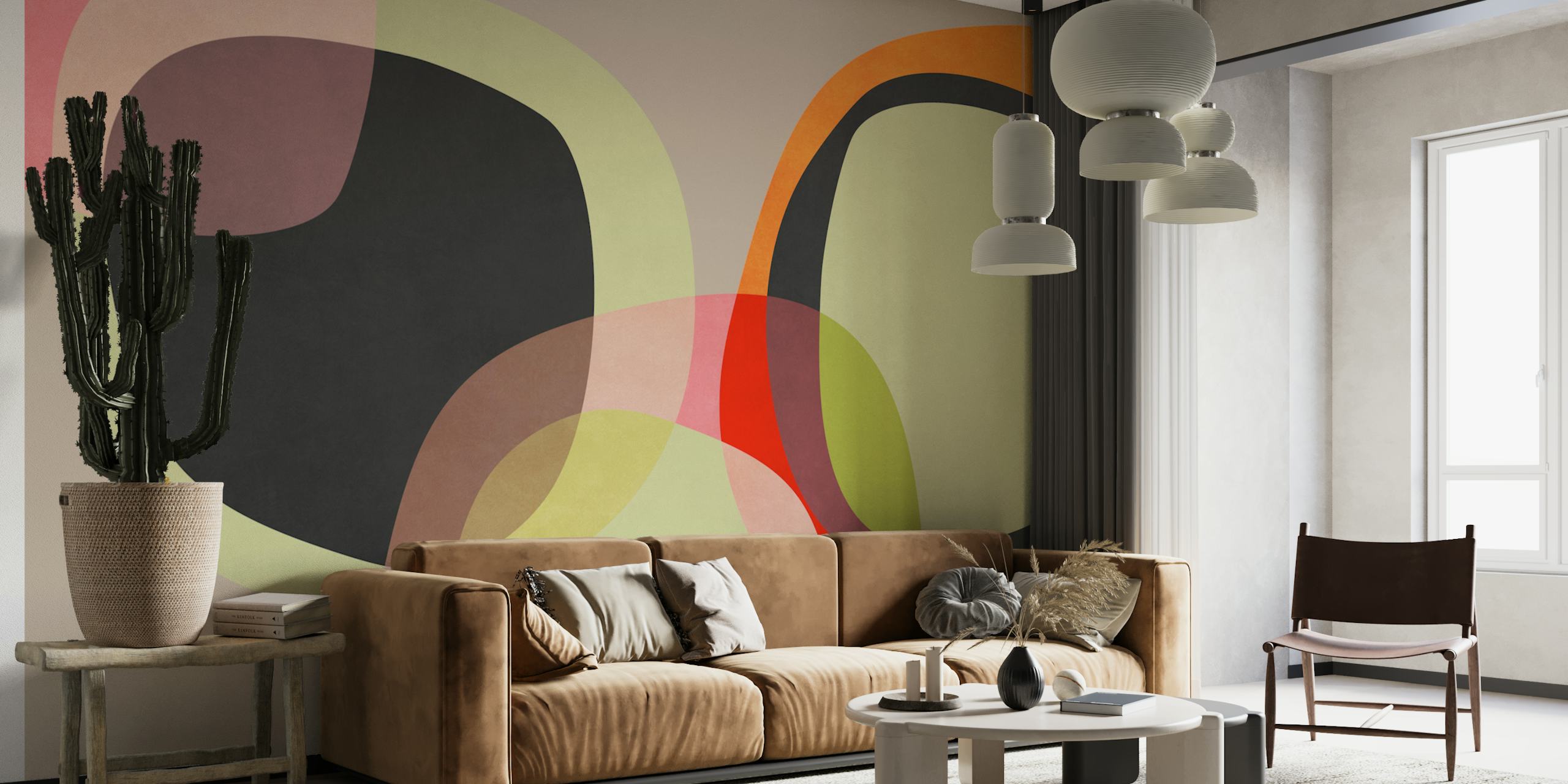 Geometric overlapping shapes in pink, green, black, and orange wallpaper