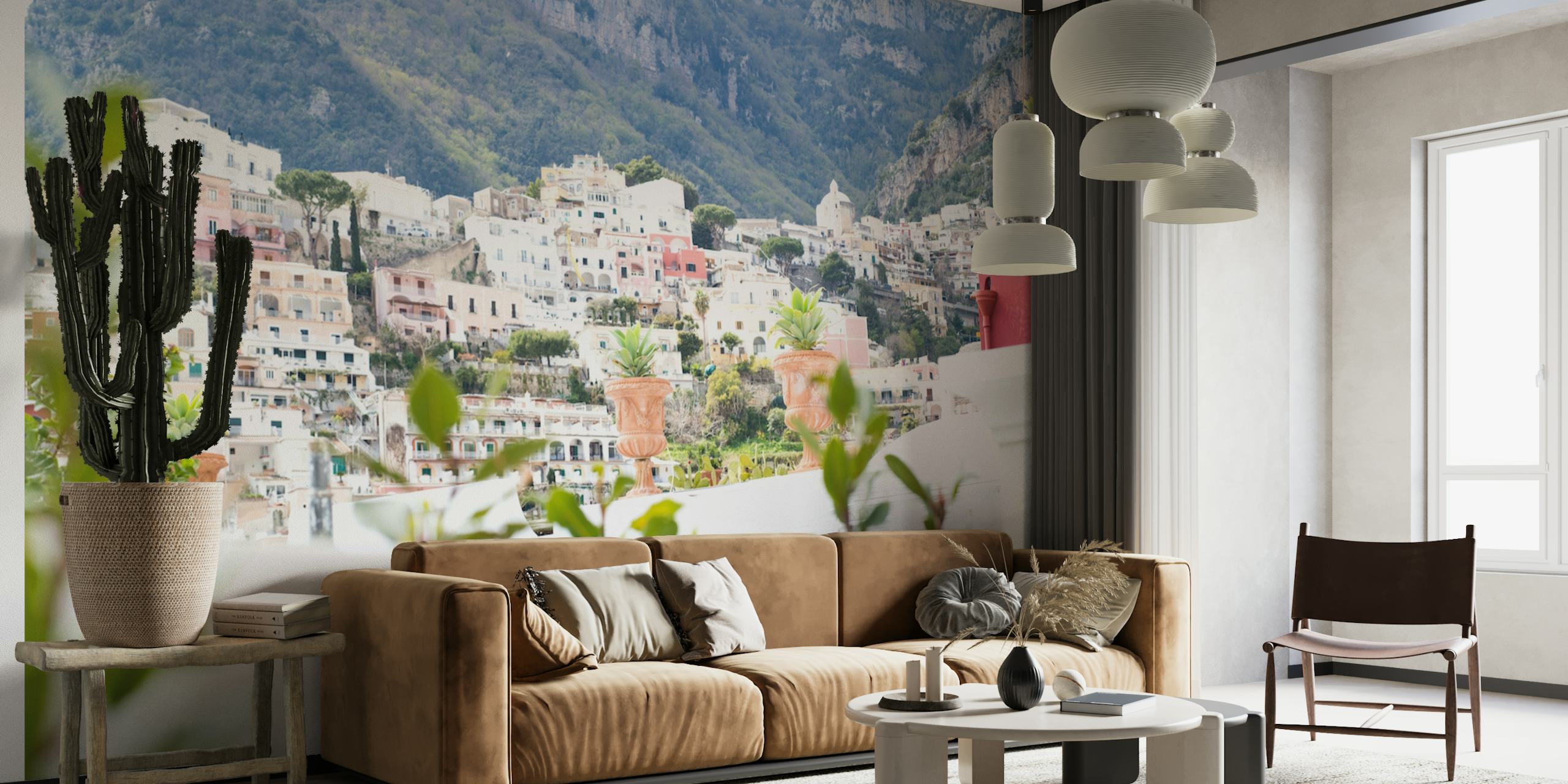 Italian coastal village wallpaper with pastel houses and greenery