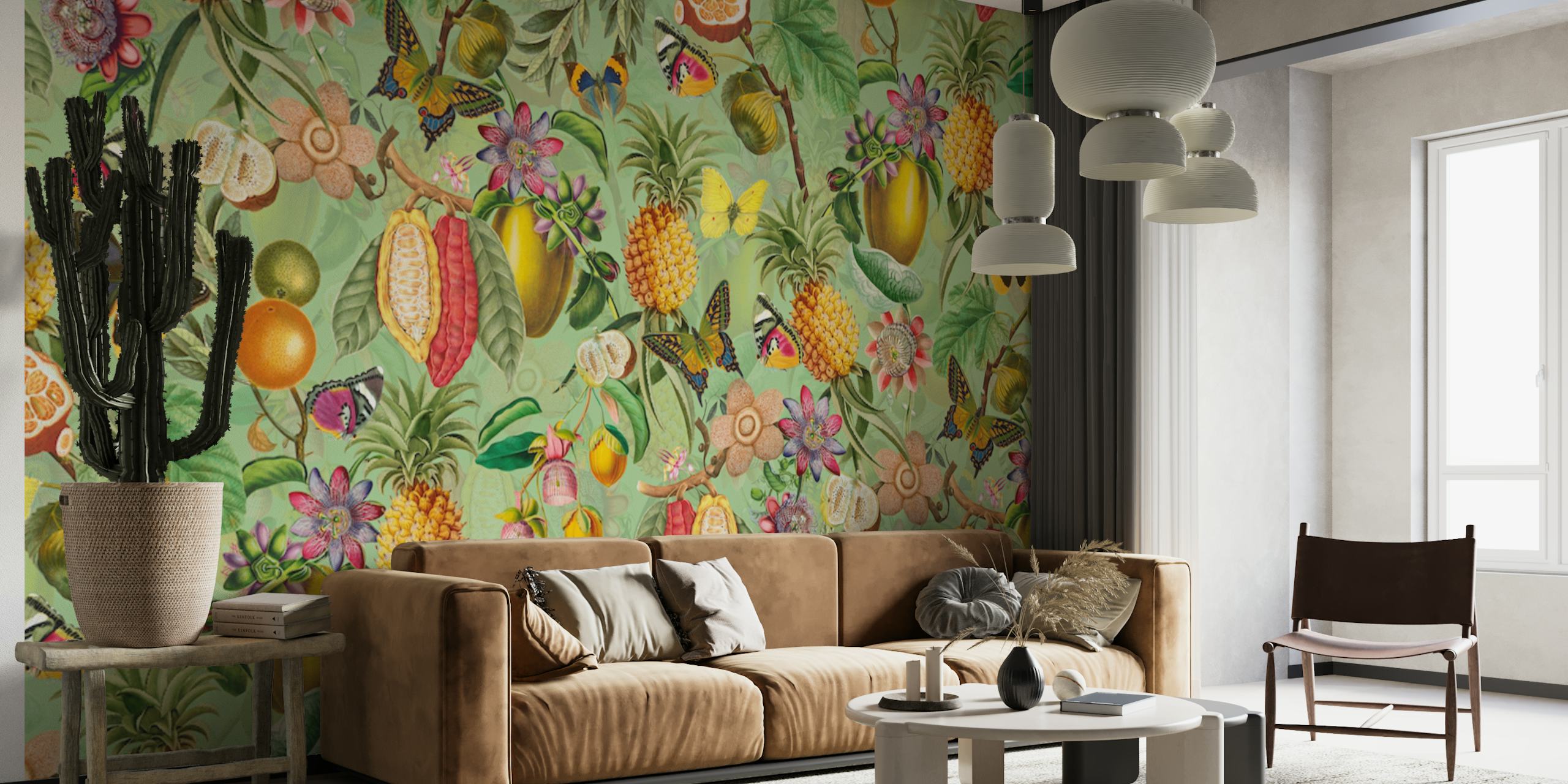 Tropical floral design with butterflies, oranges, and pineapples wallpaper