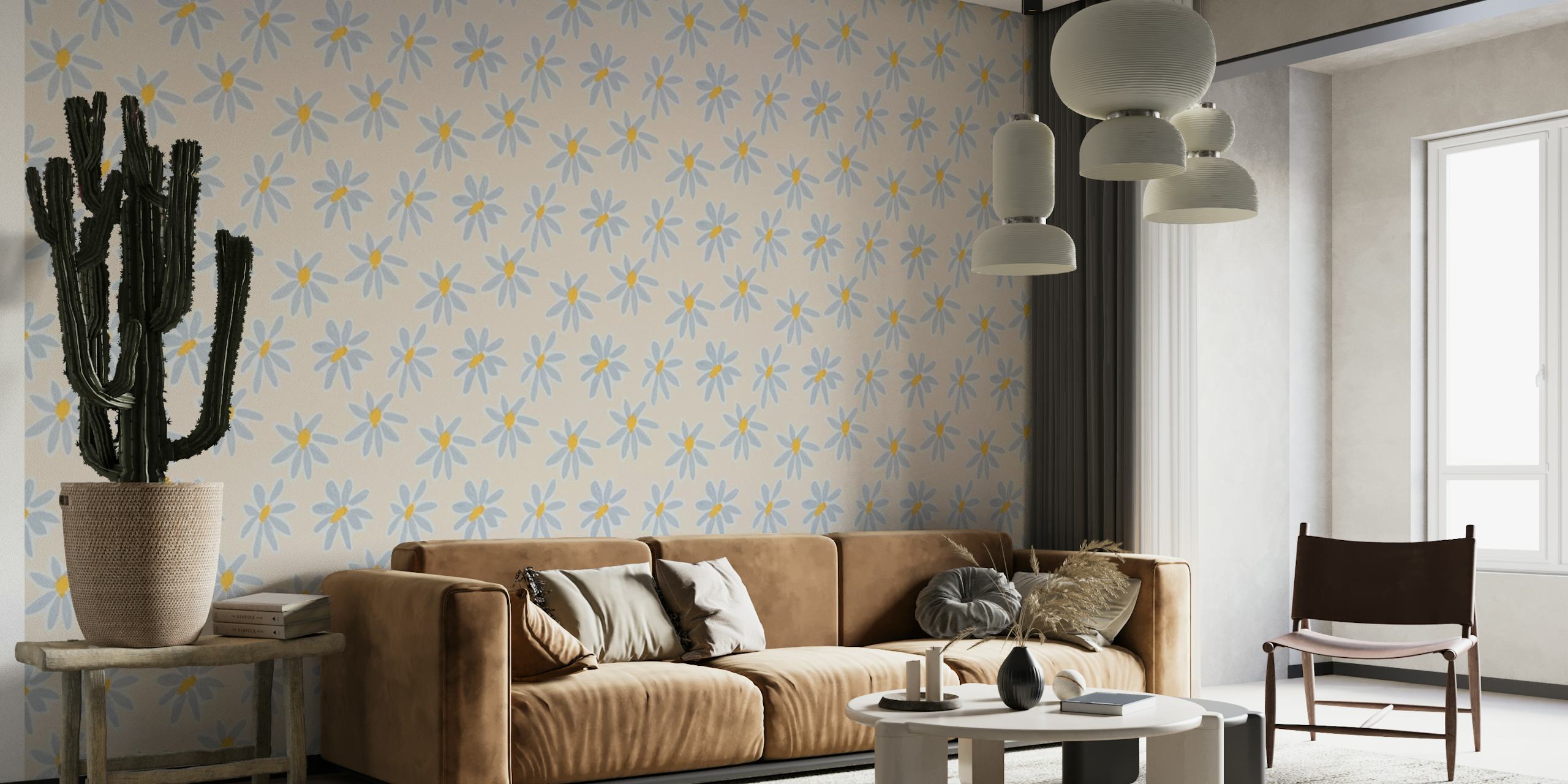 Beige wallpaper with blue floral patterns
