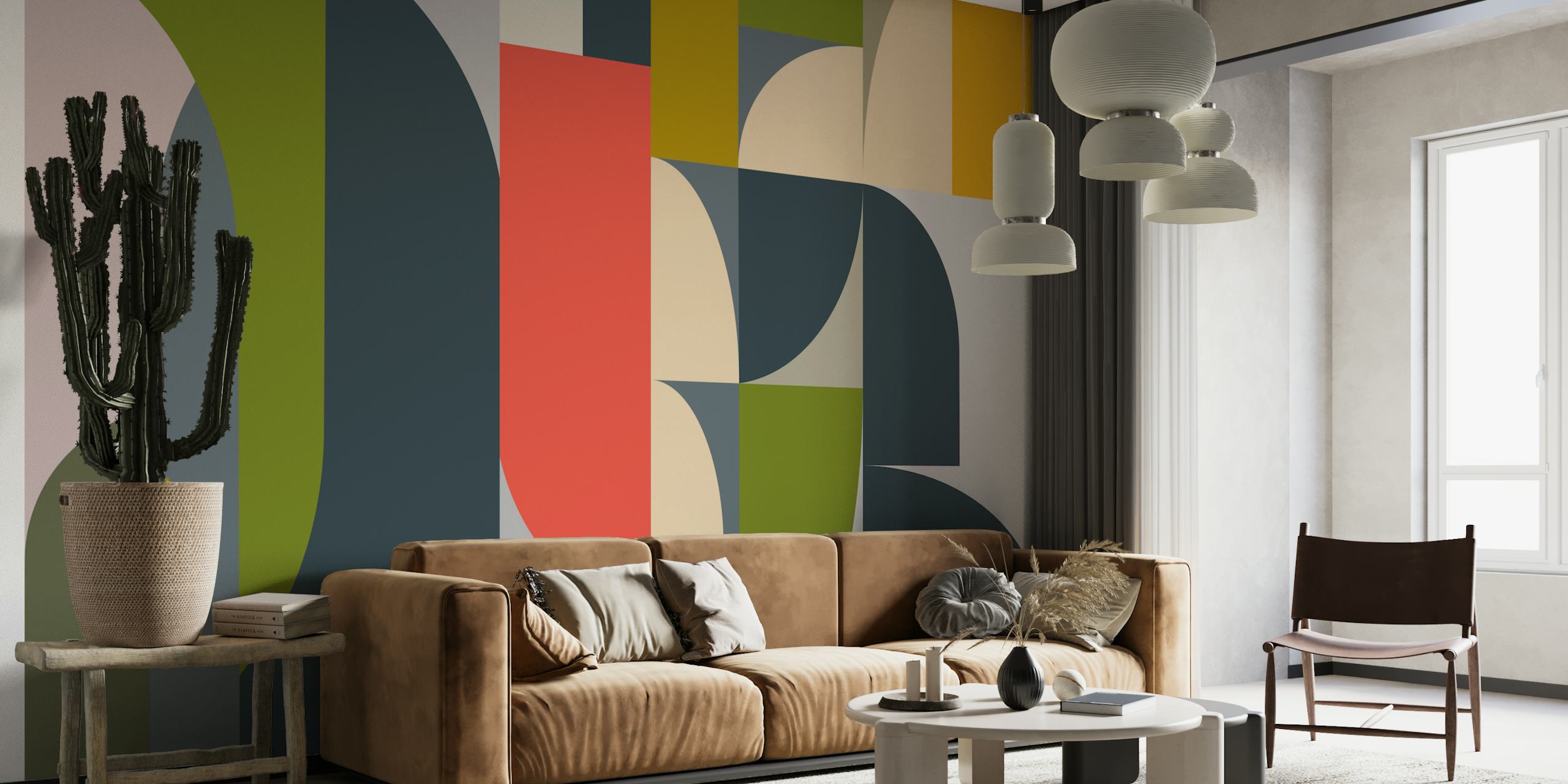 Geometric abstract shapes in vibrant colors including green, red, and navy blue wallpaper