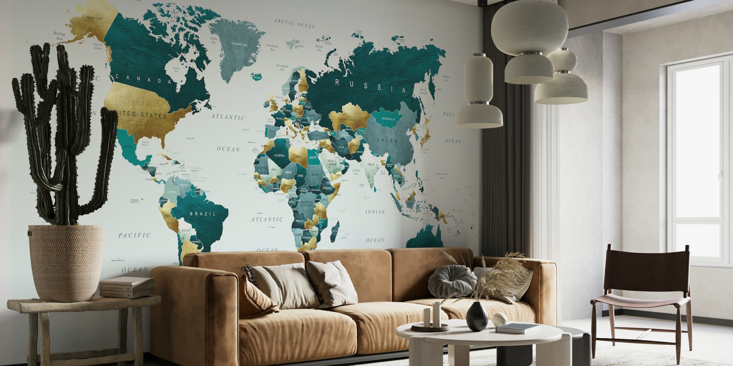 Fototapete „World Map Teal Gold“ mit modernen Blaugrün- und Goldtönen.