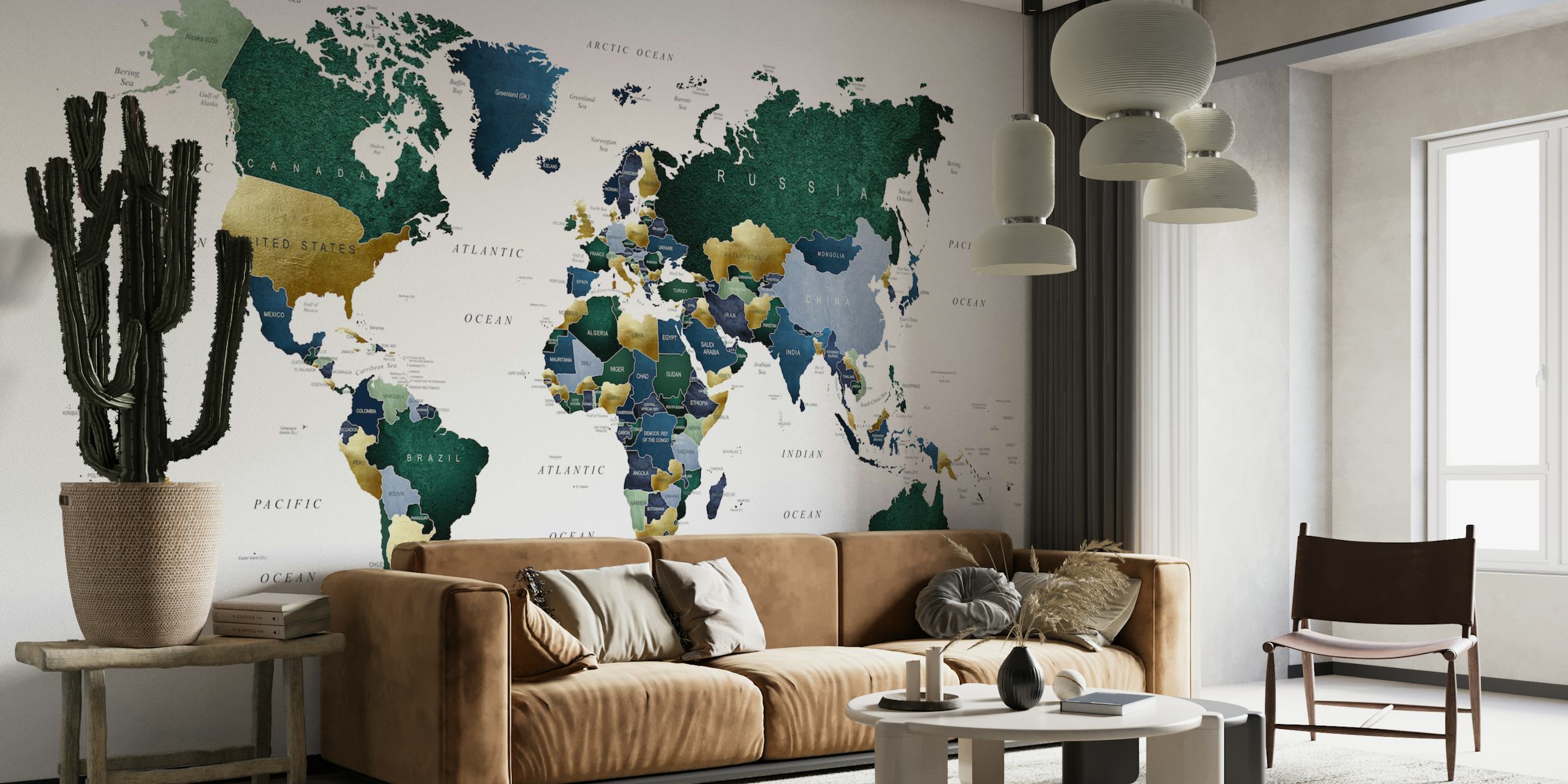 World map in blue and green tones wall mural
