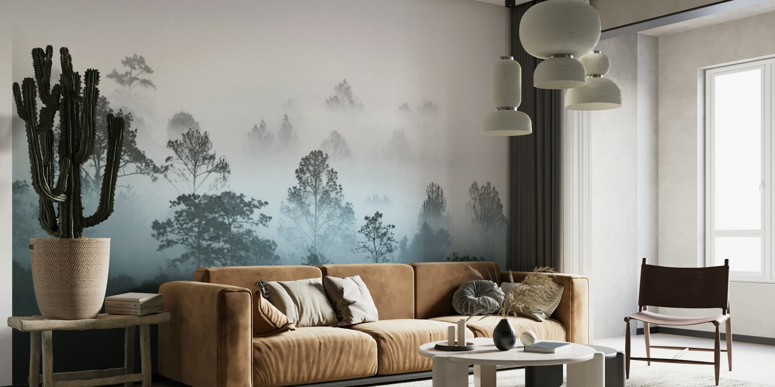 Misty forest wall mural with a gradient of fog descending through trees