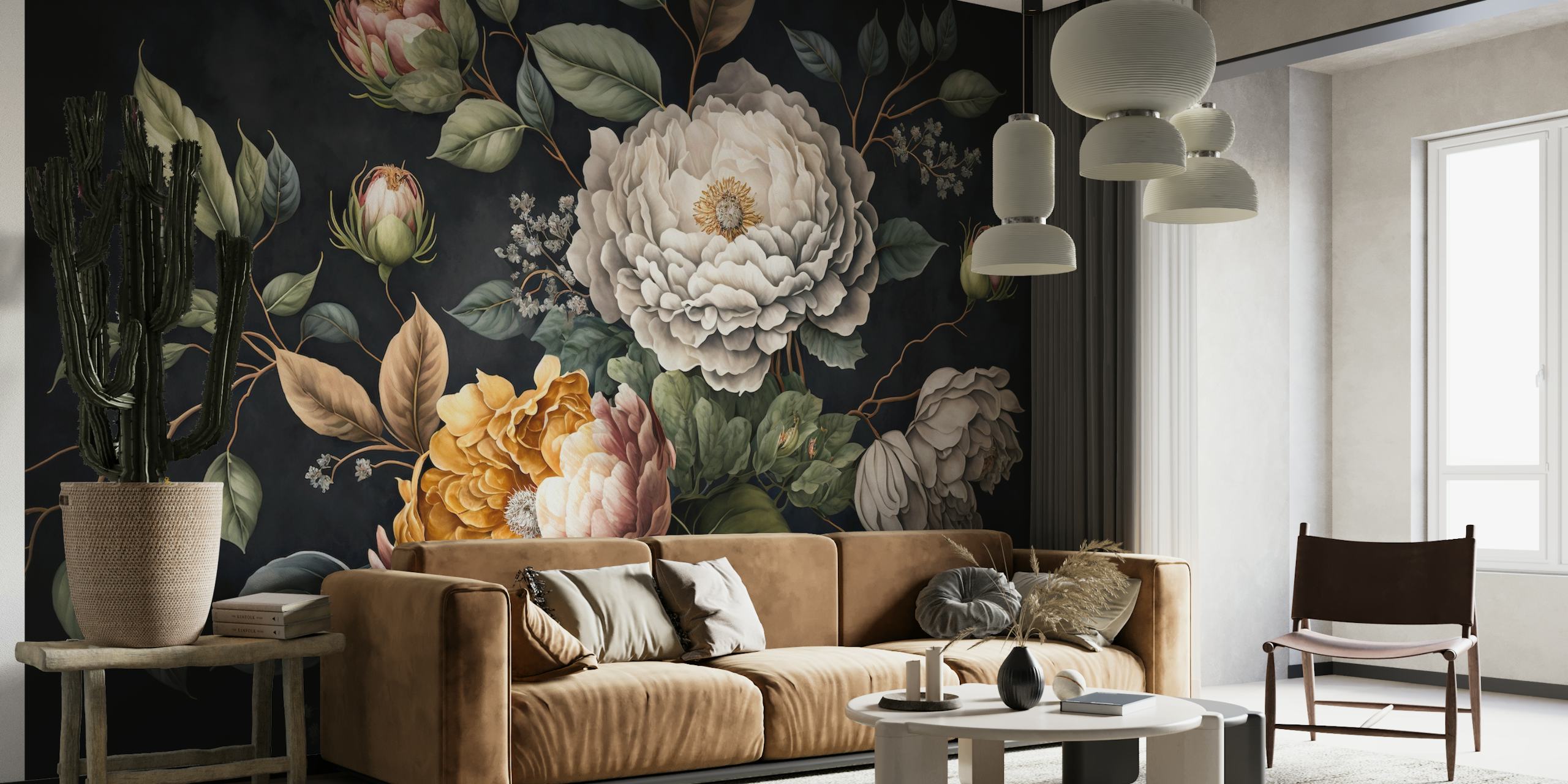 Large floral design with peonies and leaves on a black background wallpaper