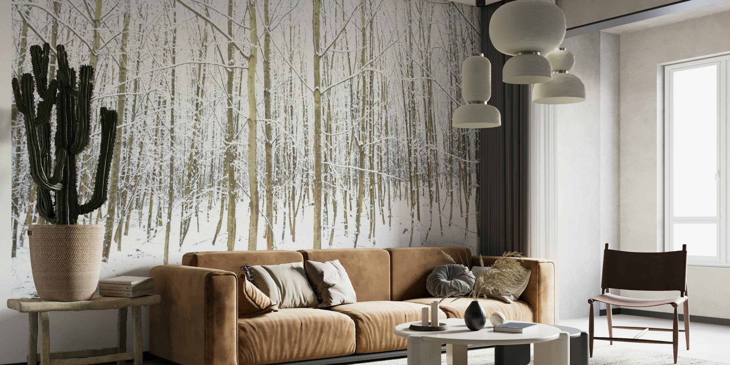 Winterly Forest wall mural with snow-covered trees
