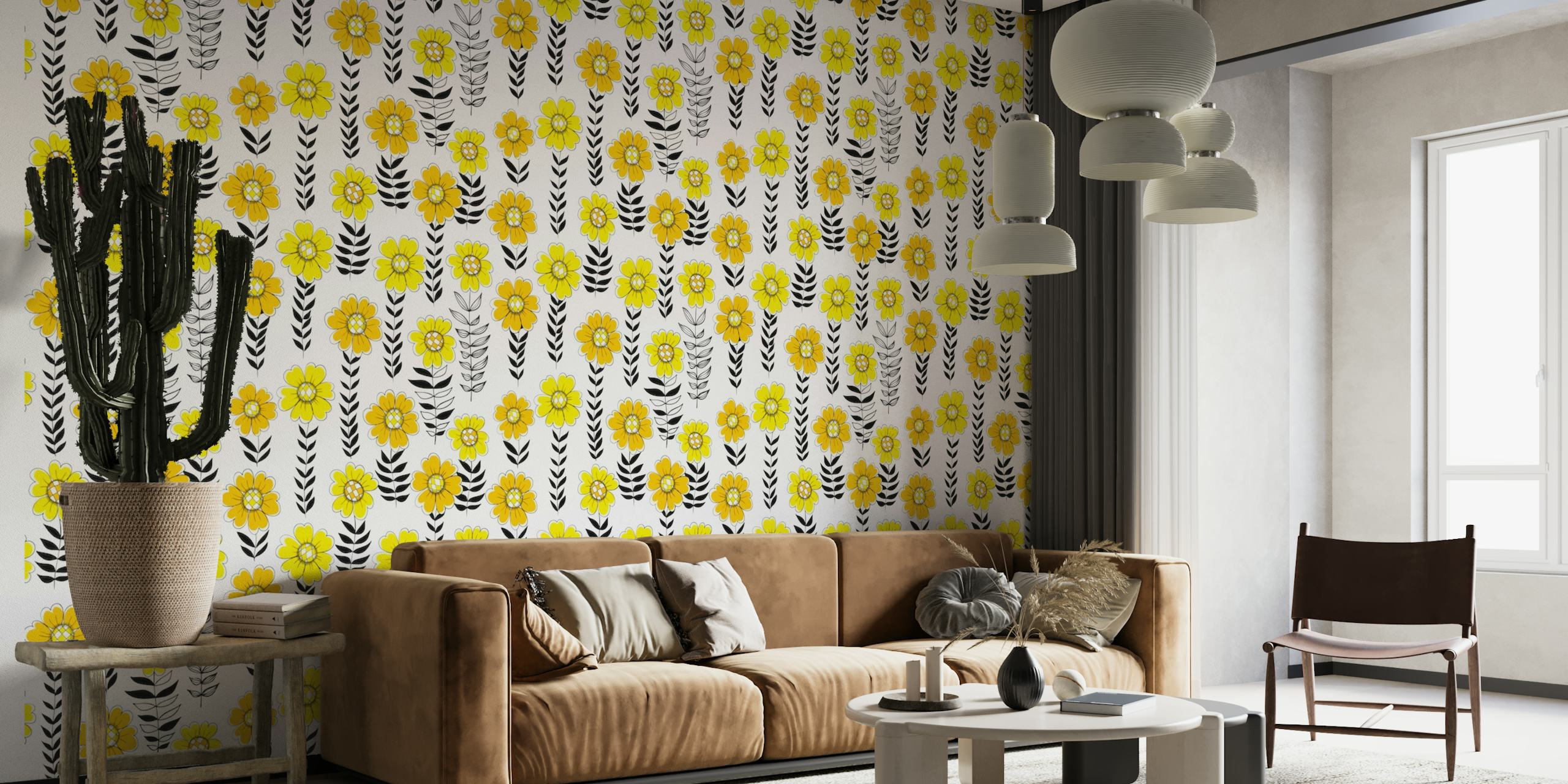 Hand-drawn yellow doodle flowers on a white background wall mural