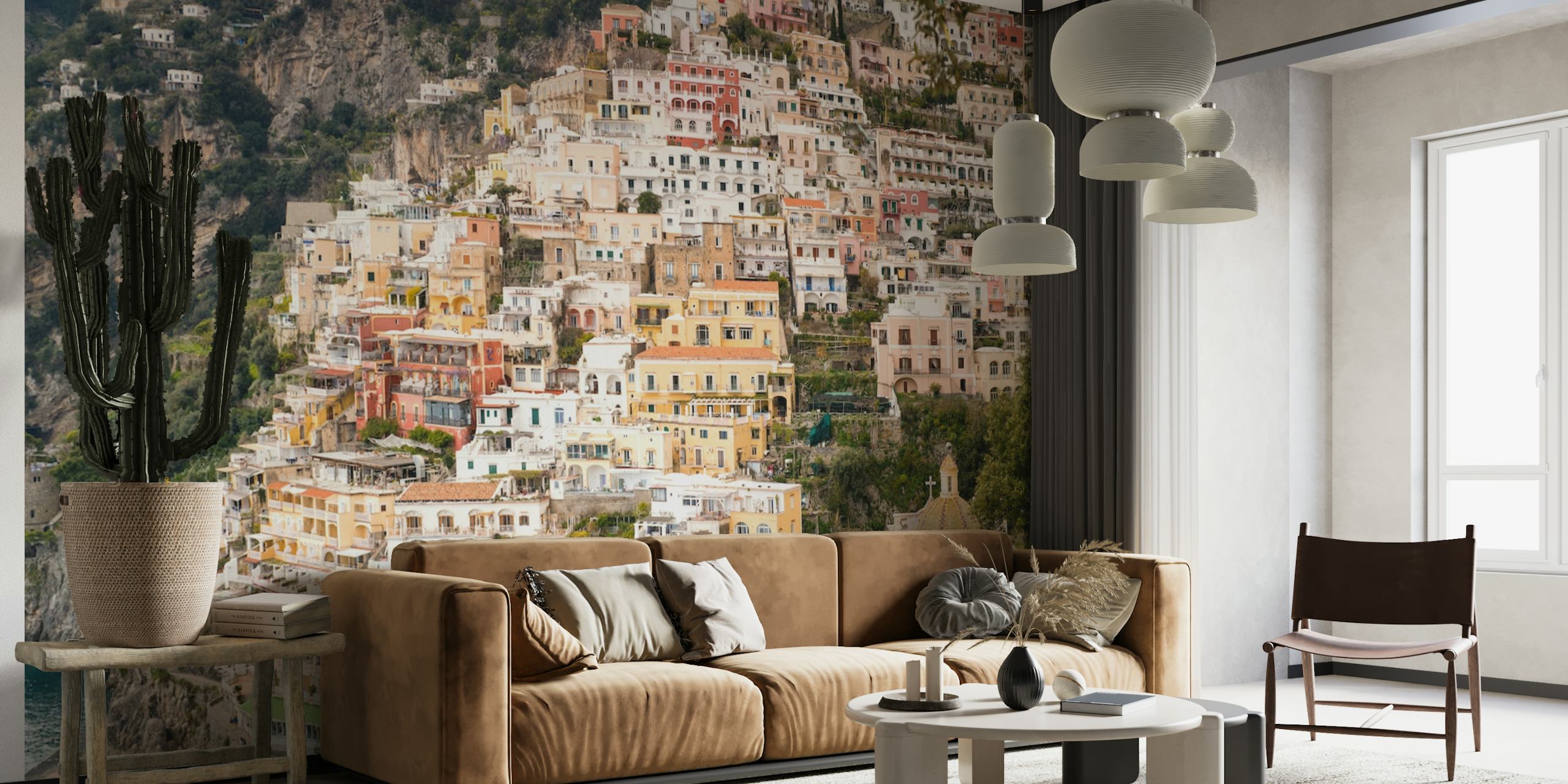 Mural de la costa de Positano Amalfi con edificios coloridos y ambiente mediterráneo