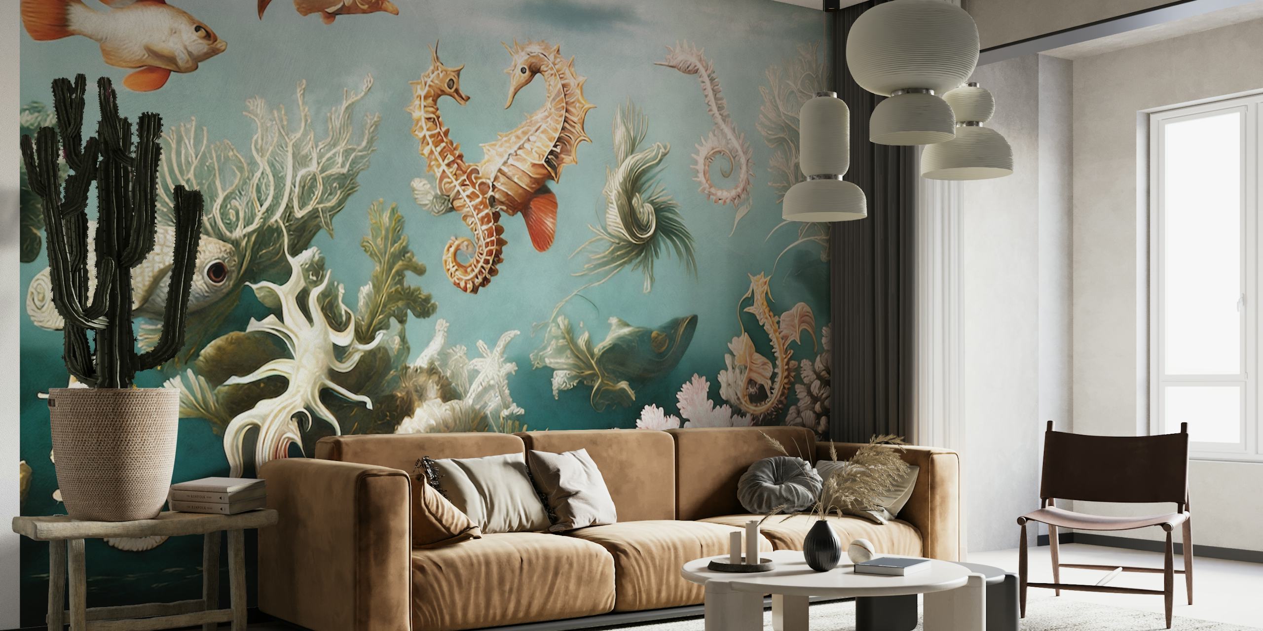Cena subaquática com corais, peixes e um polvo em um mural de parede.