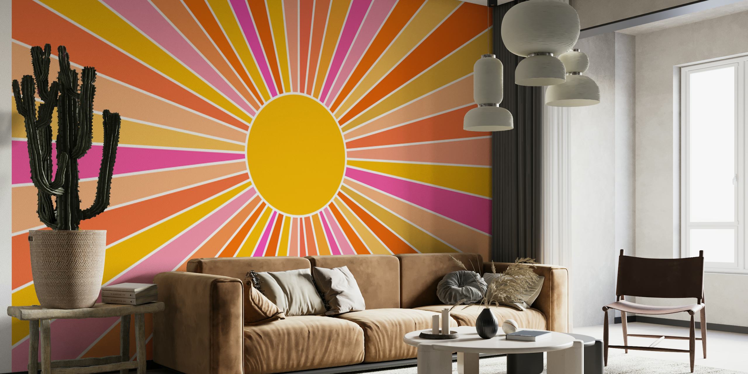 Vintage sunburst pattern in orange, pink, and yellow wallpaper