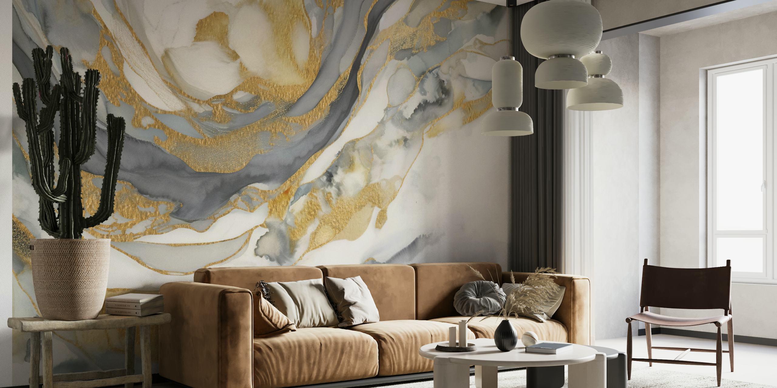 Gold and gray abstract wallpaper with fluid patterns and elegant tones
