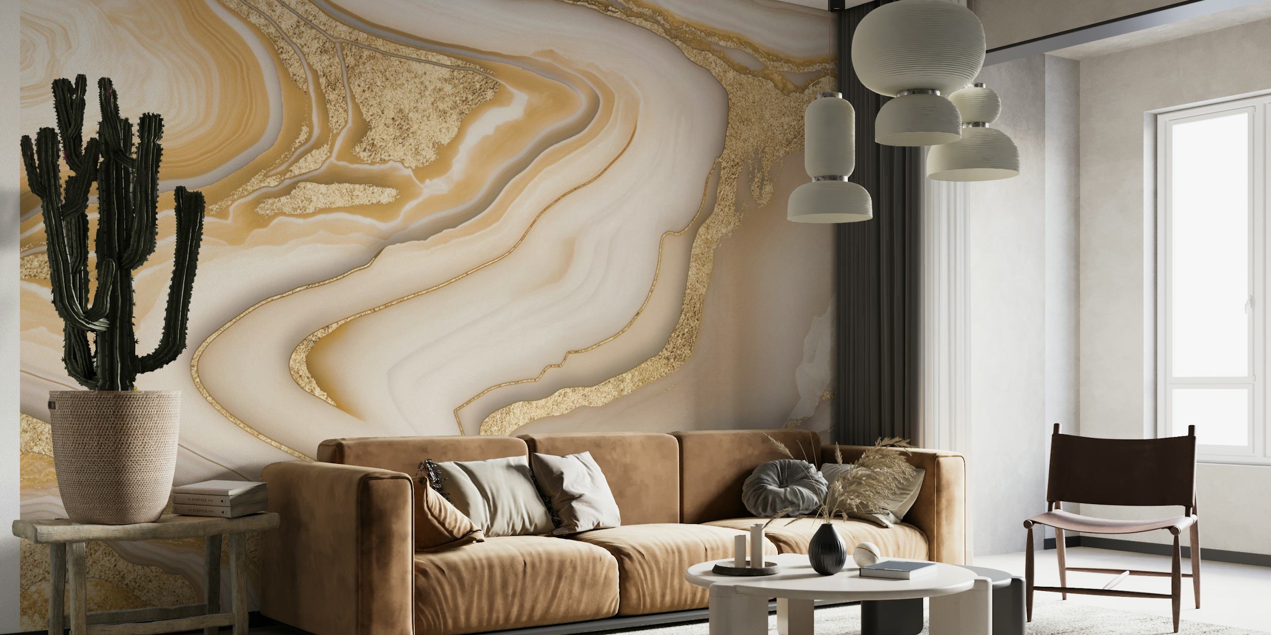 White and gold marble wallpaper with flowing patterns.
