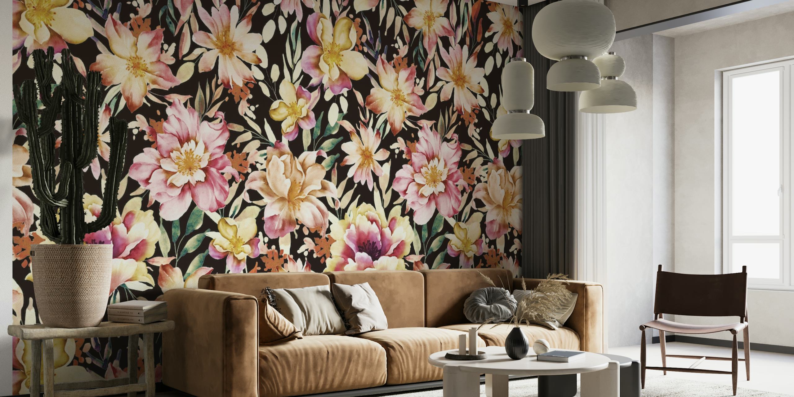 Mural de parede com padrão floral e uma mistura de flores vibrantes e escuras evocando um jardim místico à noite