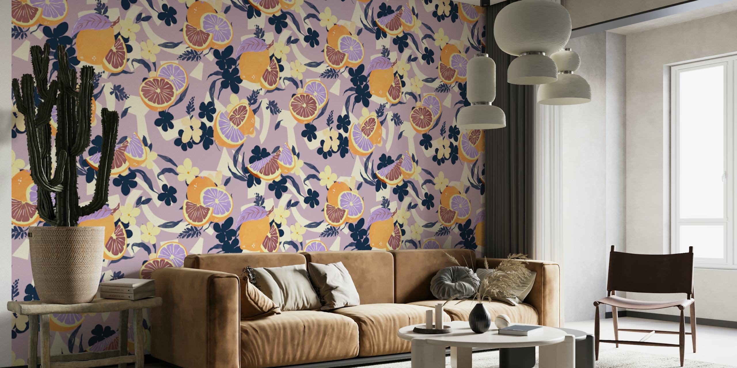 Orange flowers and purple accents floral wallpaper