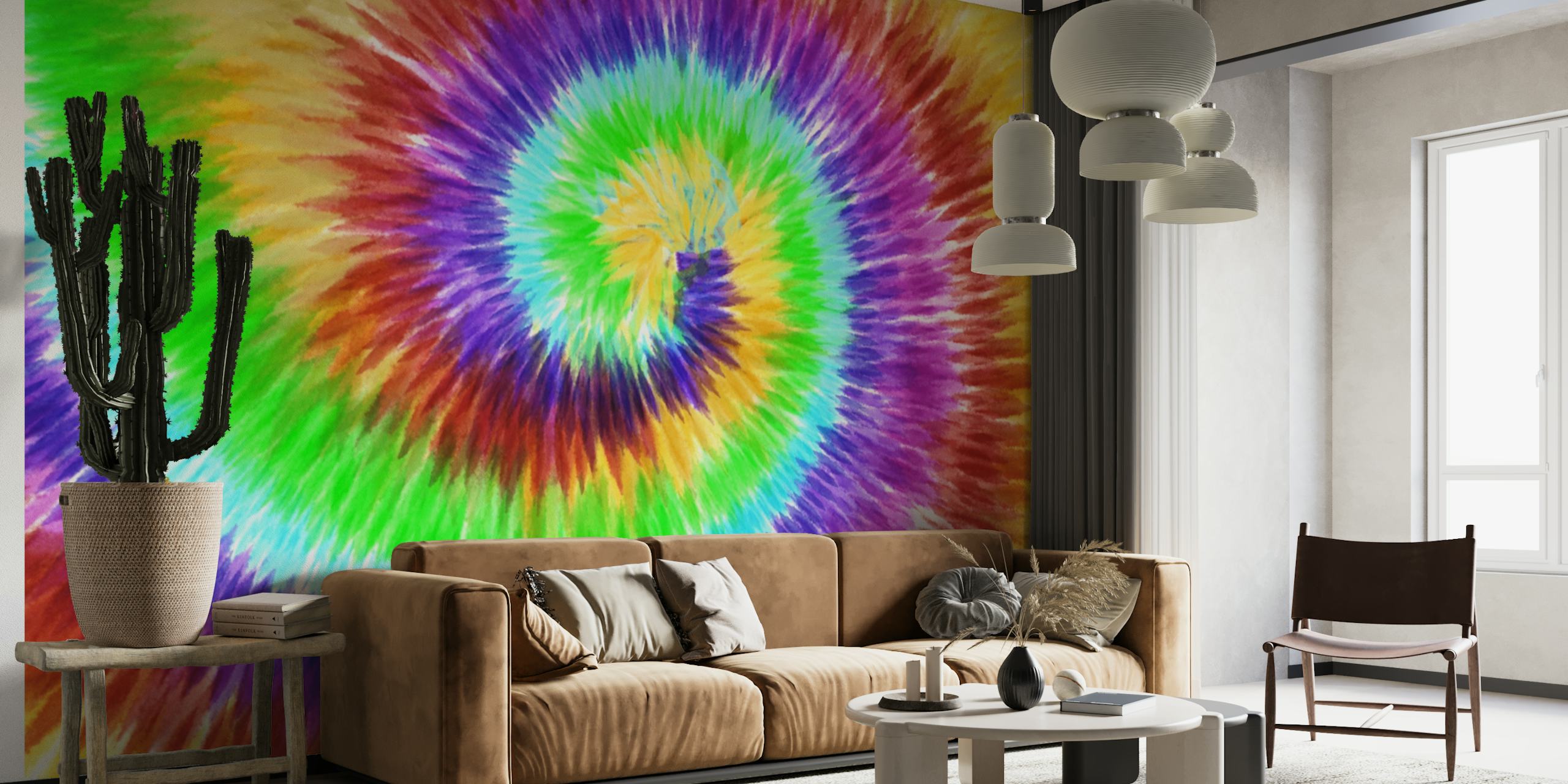Farverigt tie dye spiral vægmaleri til levende rumindretning