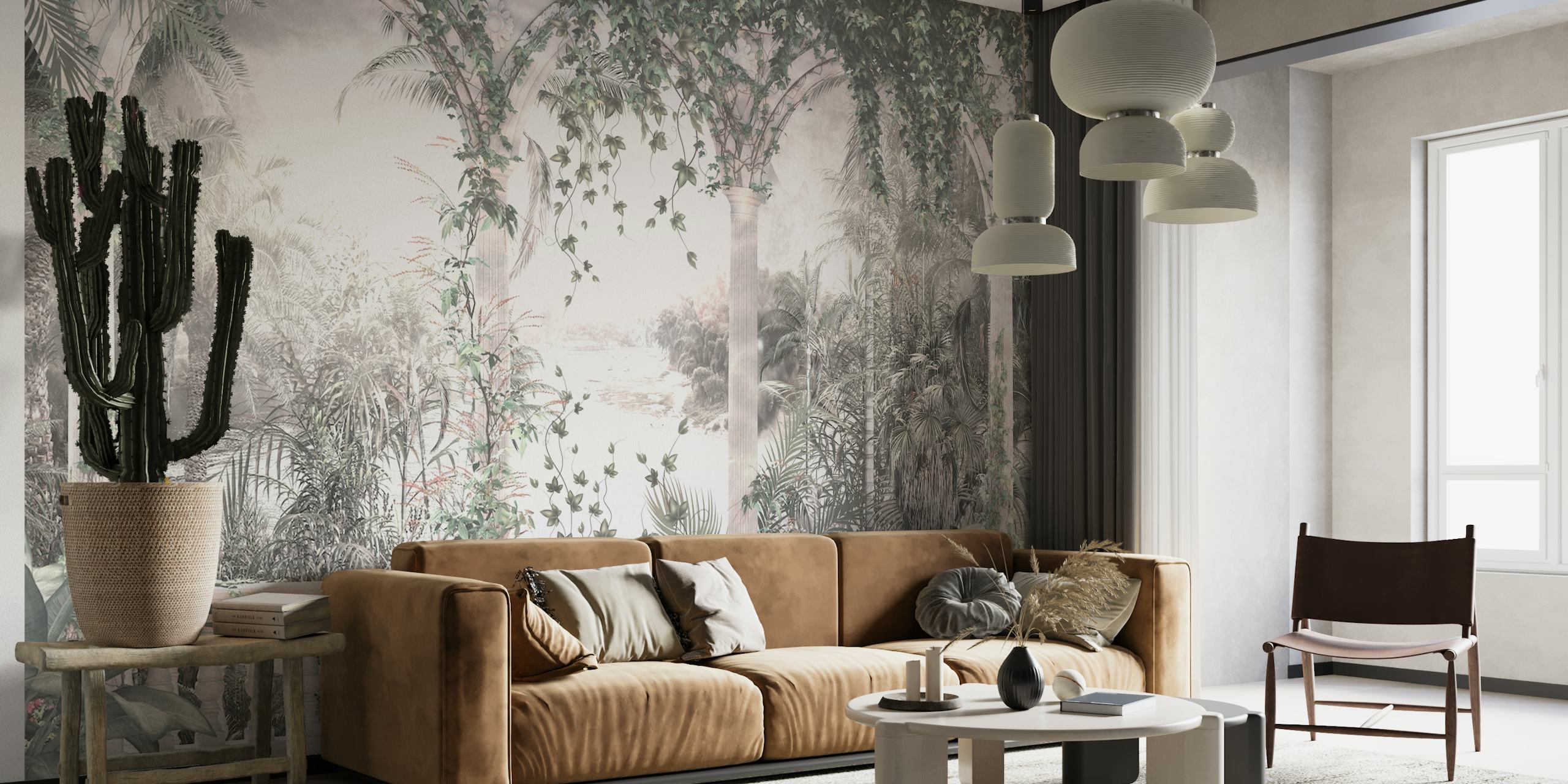 Lush greenery and arches in tropical garden wallpaper