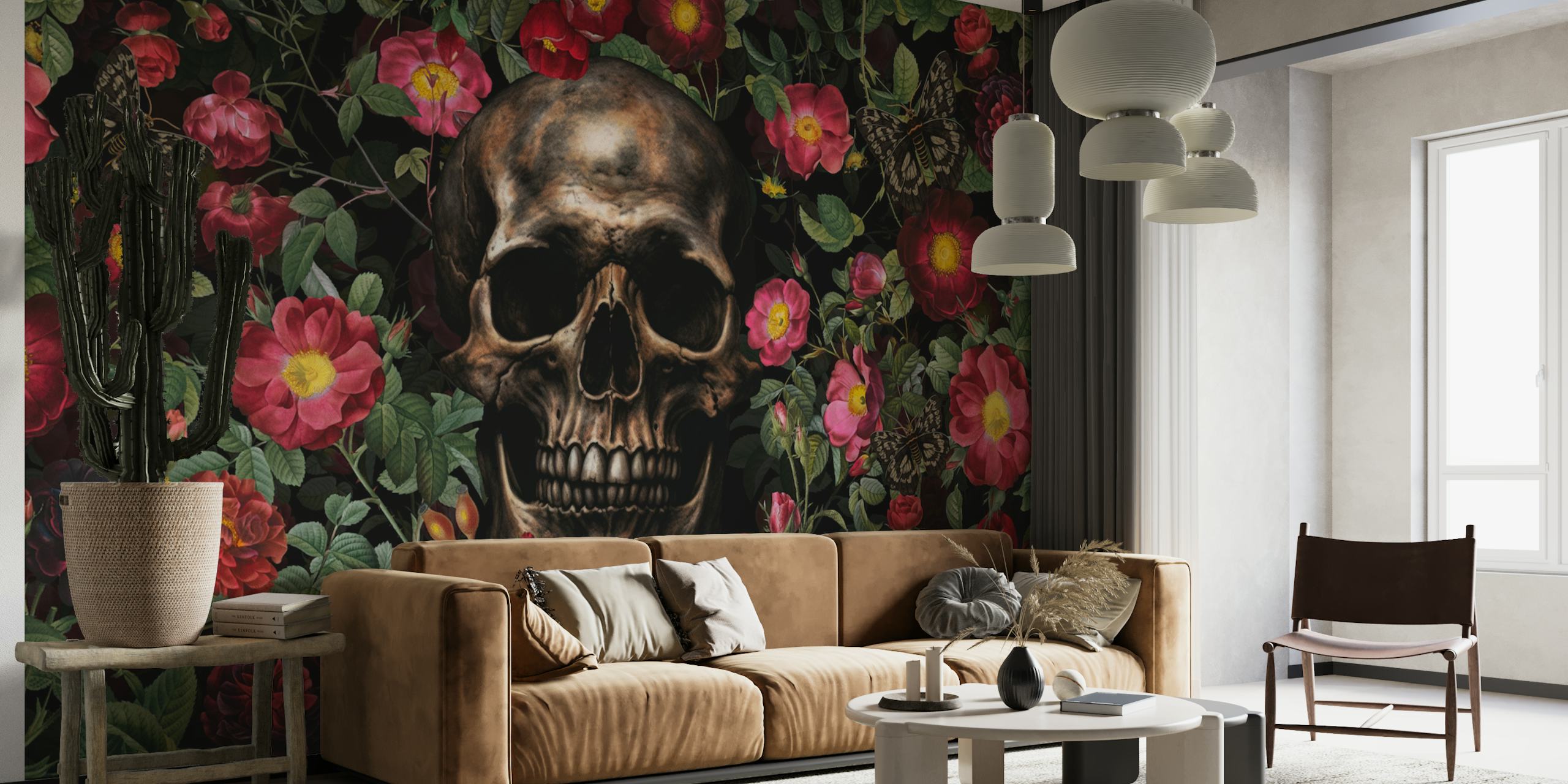 Baroque skull and roses wallpaper design in a room