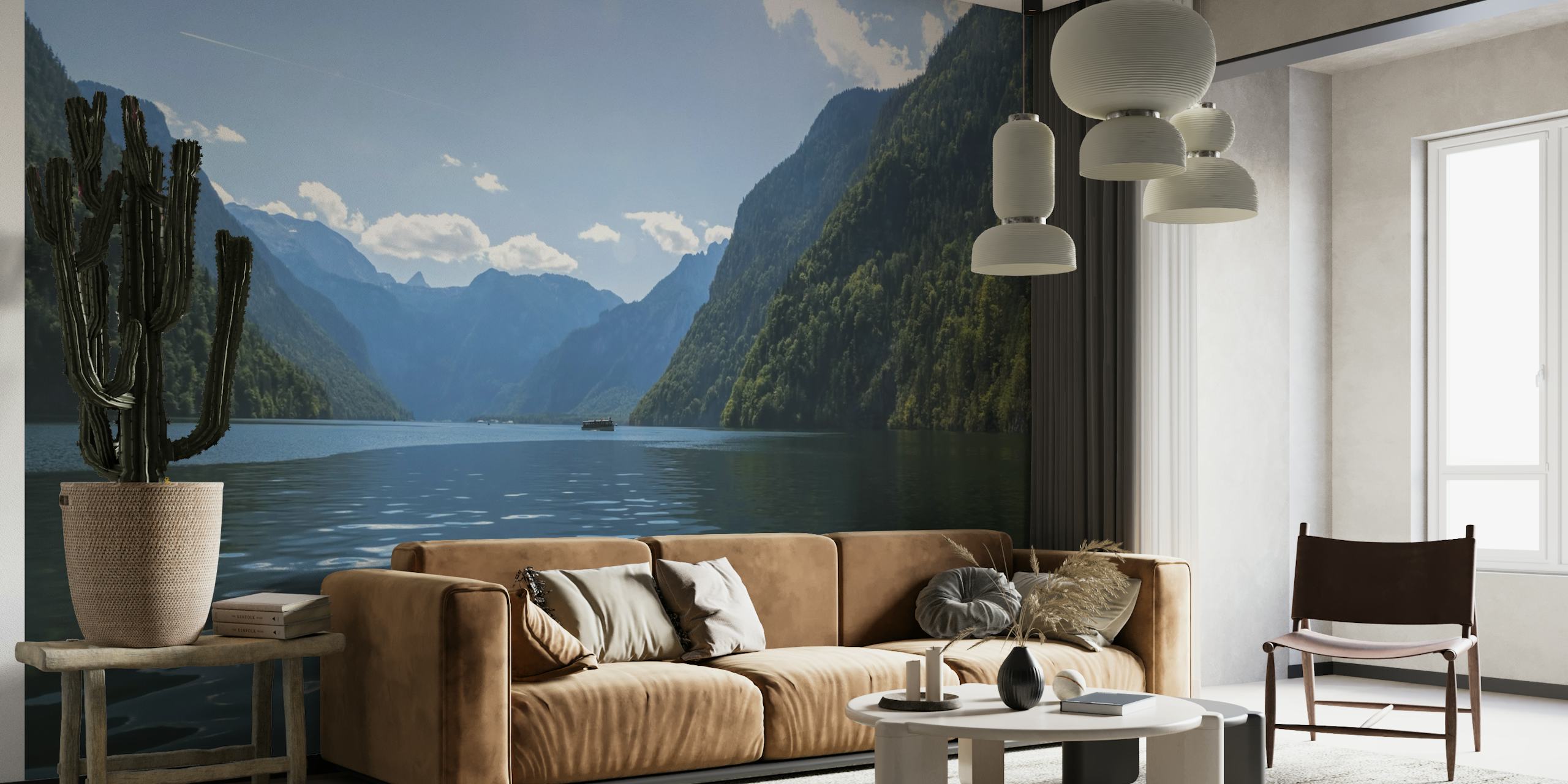 Tranquil lake view with mountains wall mural
