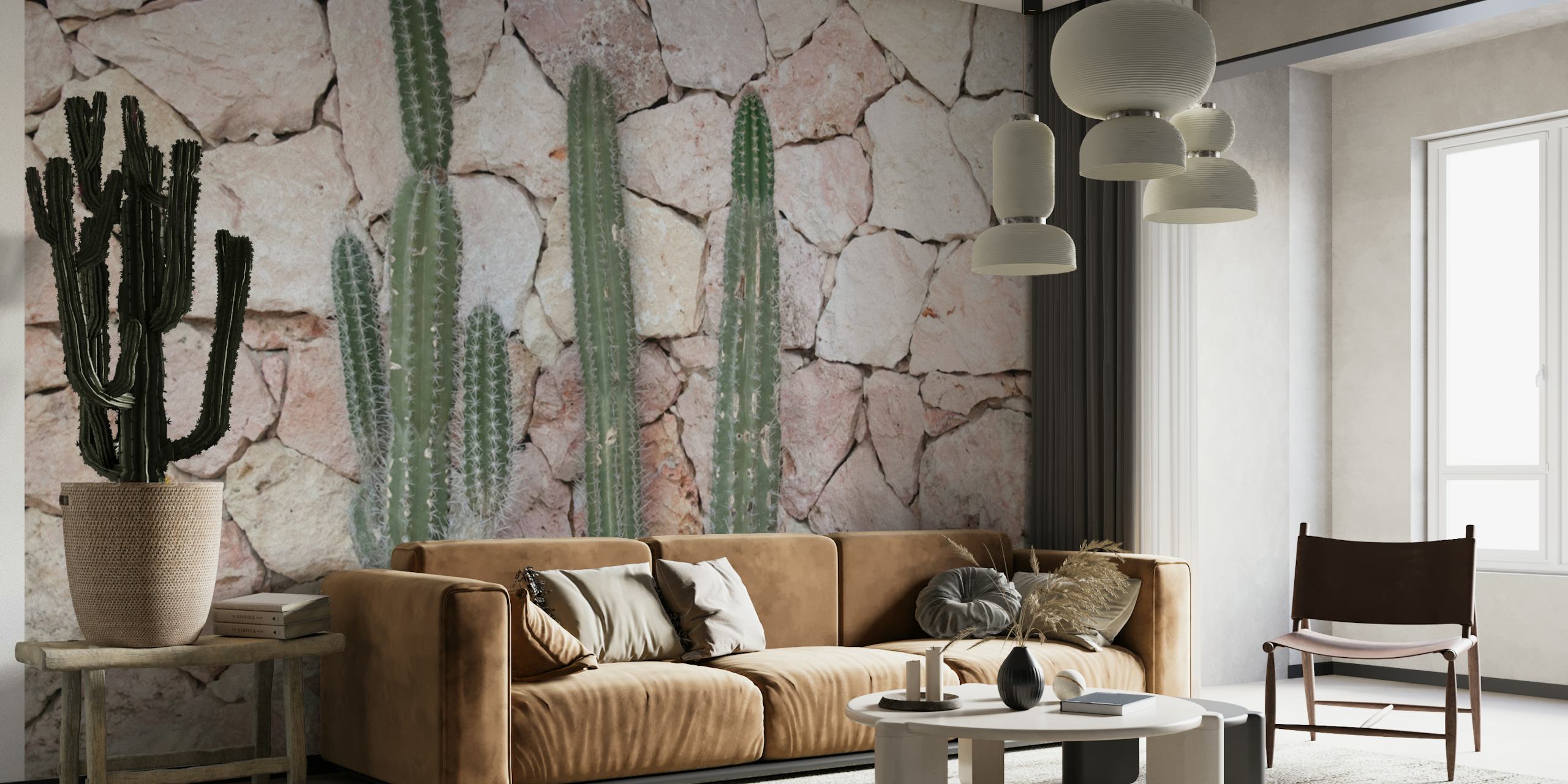 Geometric cactus pattern in green and earthy tones wallpaper