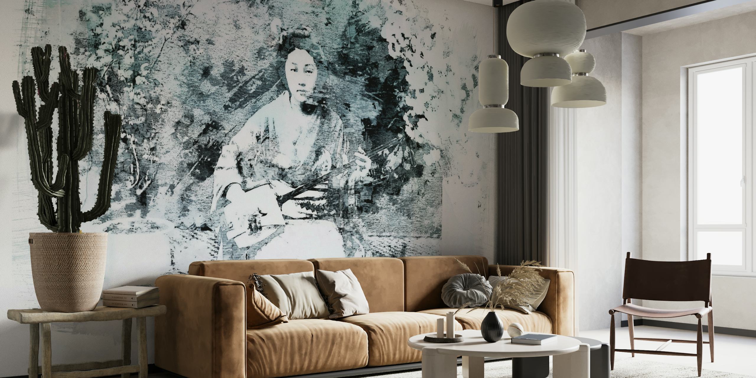 Tyylikäs geisha istuu rauhallisessa puutarhan seinämaalauksessa