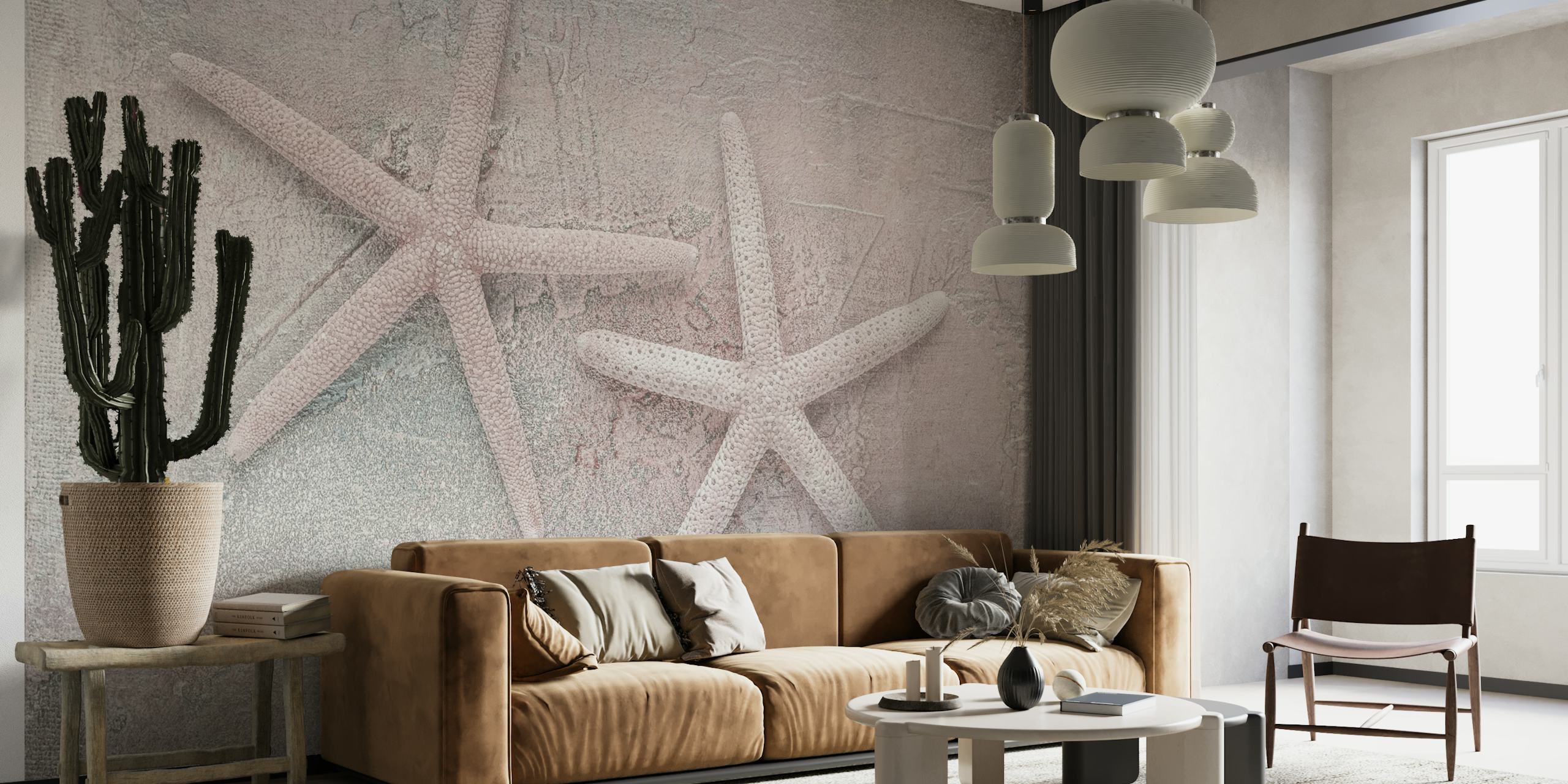 Blush Pink Starfish seinämaalaus, jossa kaksi meritähtiä kuvioidulla taustalla